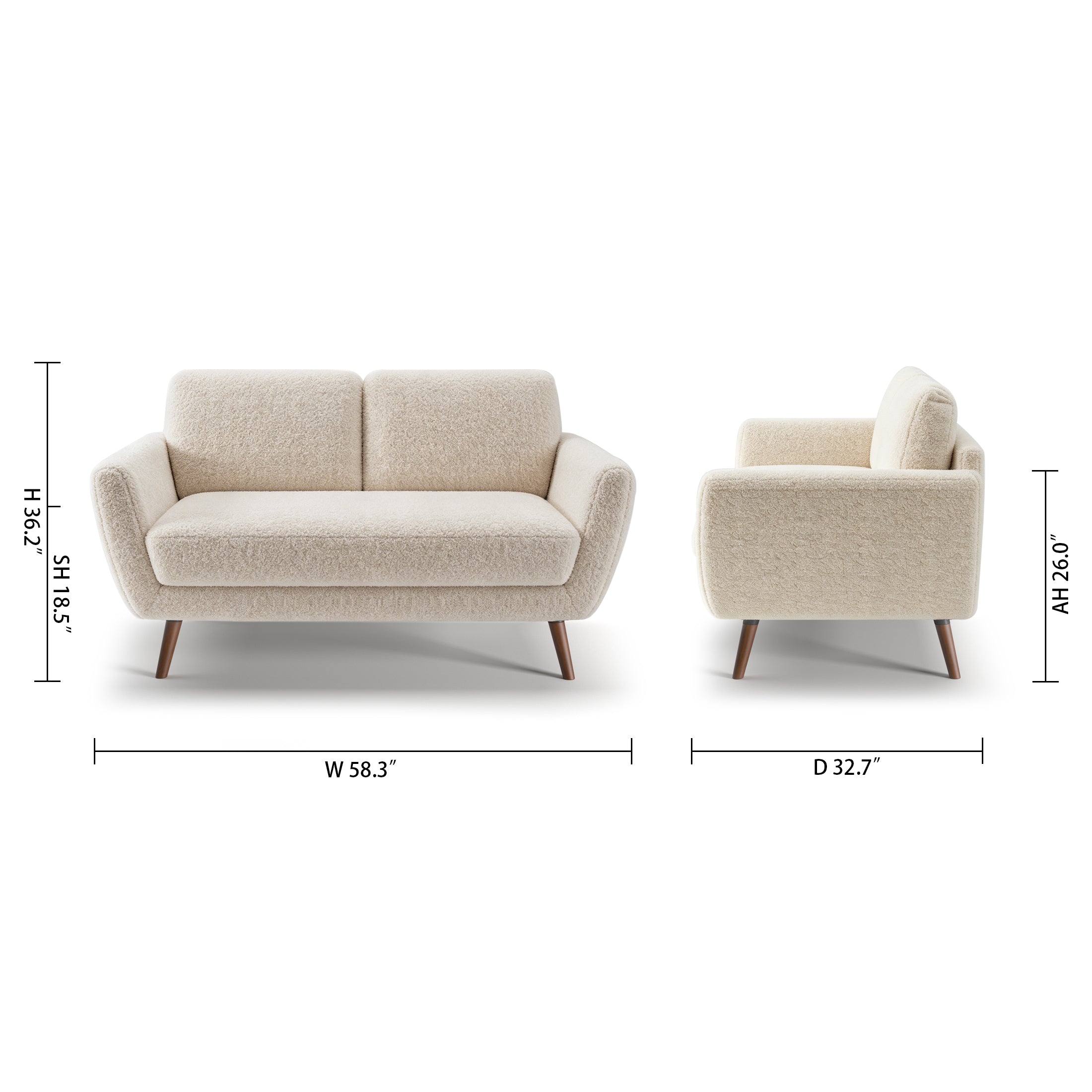 Oakland Loveseat in Boucle Ivory with dimensions showing 58.3-inch width, 32.7-inch depth, 36.2-inch height, 18.5-inch seat height, and 26-inch arm height