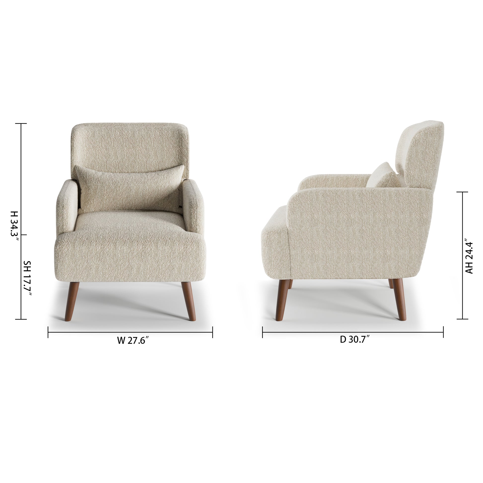Arlo Accent Armchair in Ivory Tweed Color with overall dimensions, including width, depth, height, seat height, and arm height for furniture space planning.