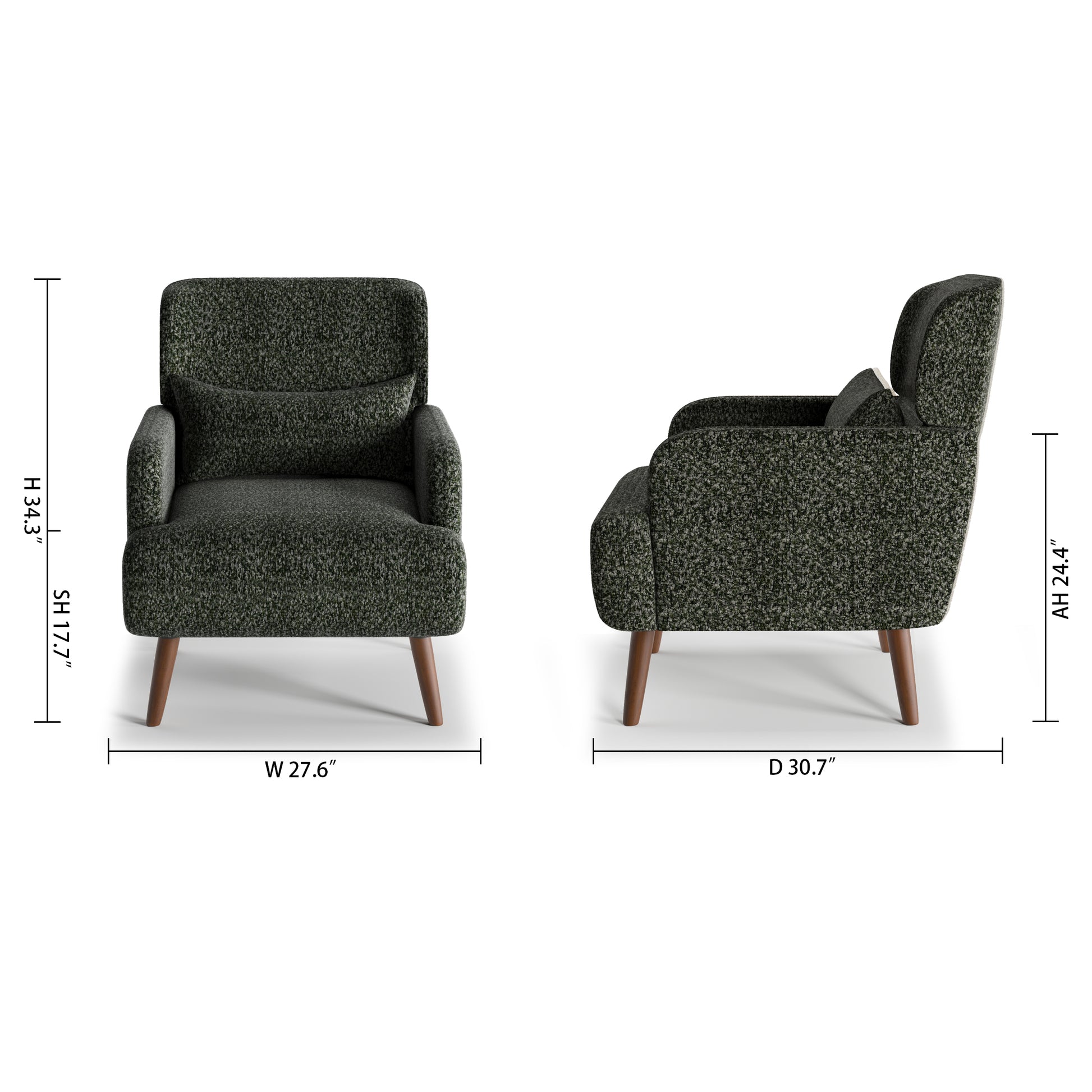 Arlo Accent Armchair in Evergreen Tweed Color with overall dimensions, including width, depth, height, seat height, and arm height for furniture space planning.