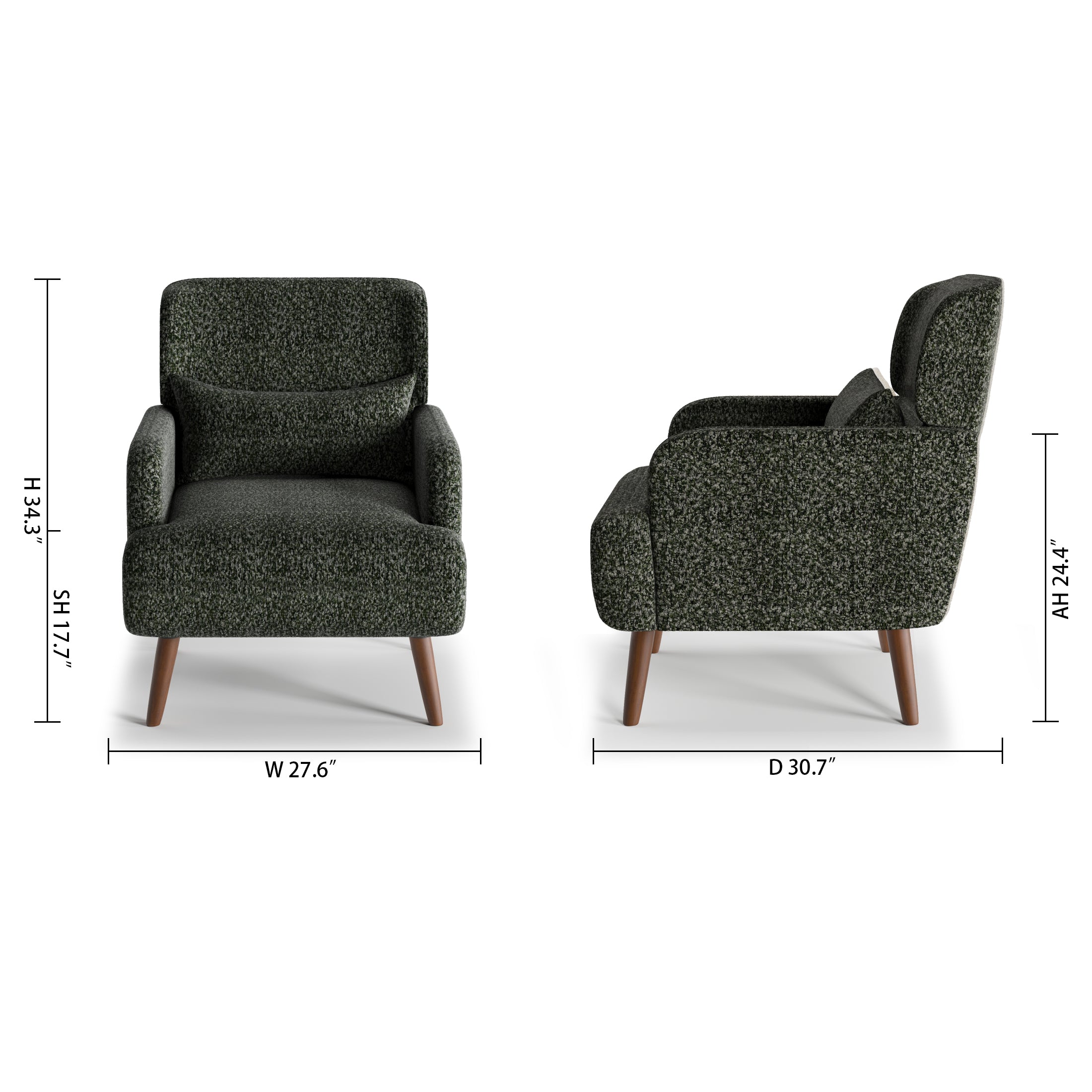 Arlo Accent Armchair in Evergreen Tweed Color with overall dimensions, including width, depth, height, seat height, and arm height for furniture space planning.