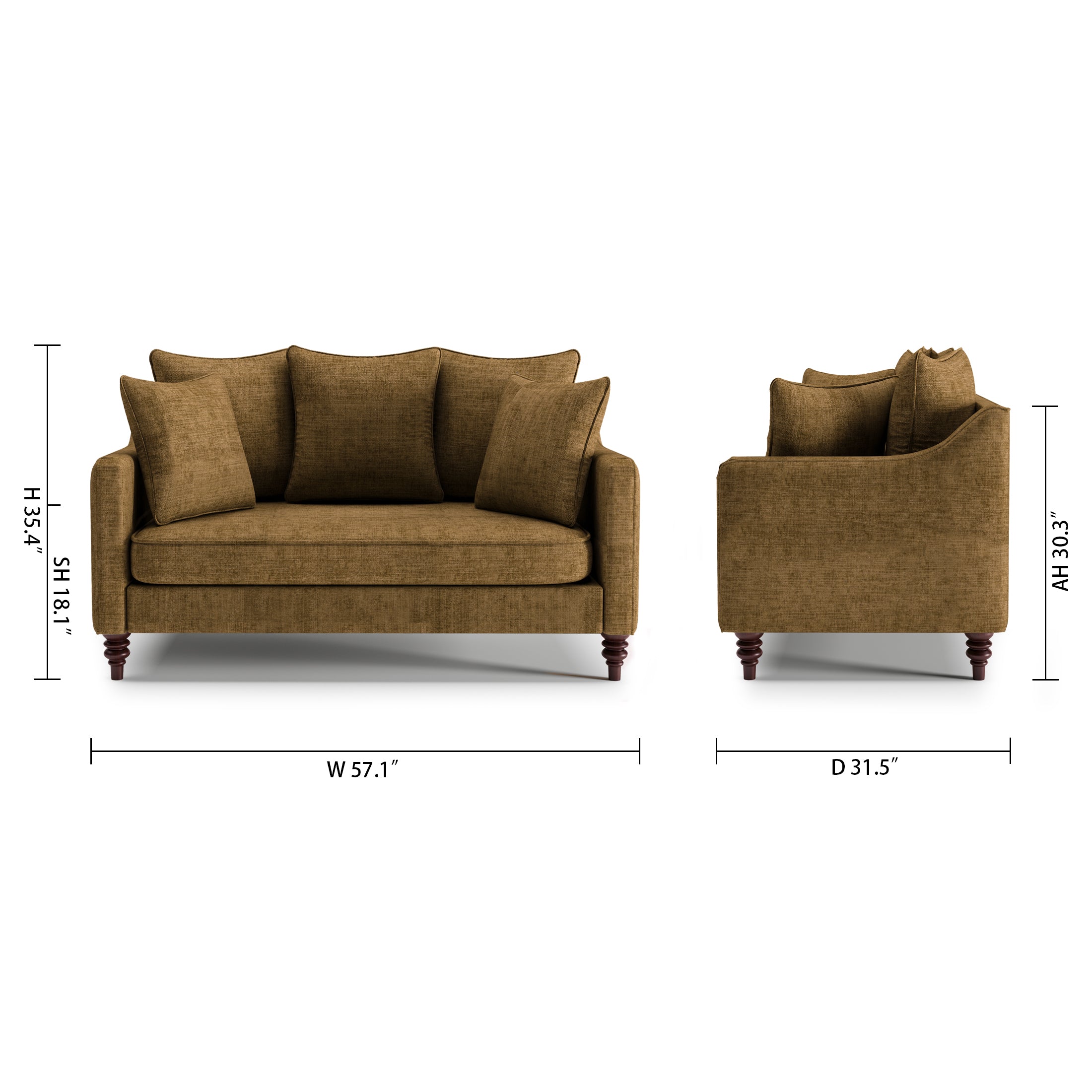 Madison Loveseat in Caramel Brown with dimensions showing 57.1-inch width, 31.5-inch depth, 35.4-inch height, 18.1-inch seat height, and 30.3-inch arm height.