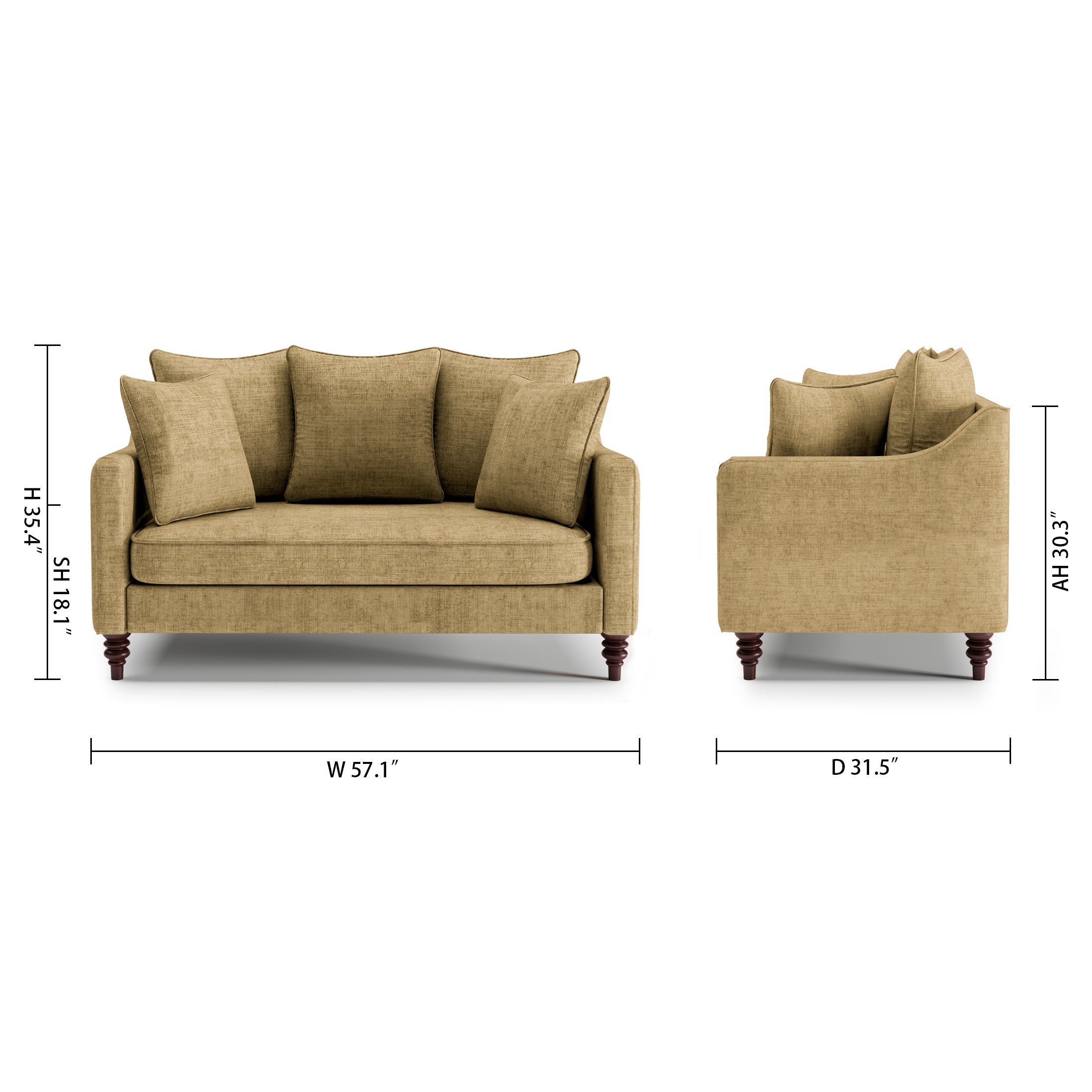 Madison Loveseat in Sand Beige with dimensions showing 57.1-inch width, 31.5-inch depth, 35.4-inch height, 18.1-inch seat height, and 30.3-inch arm height.
