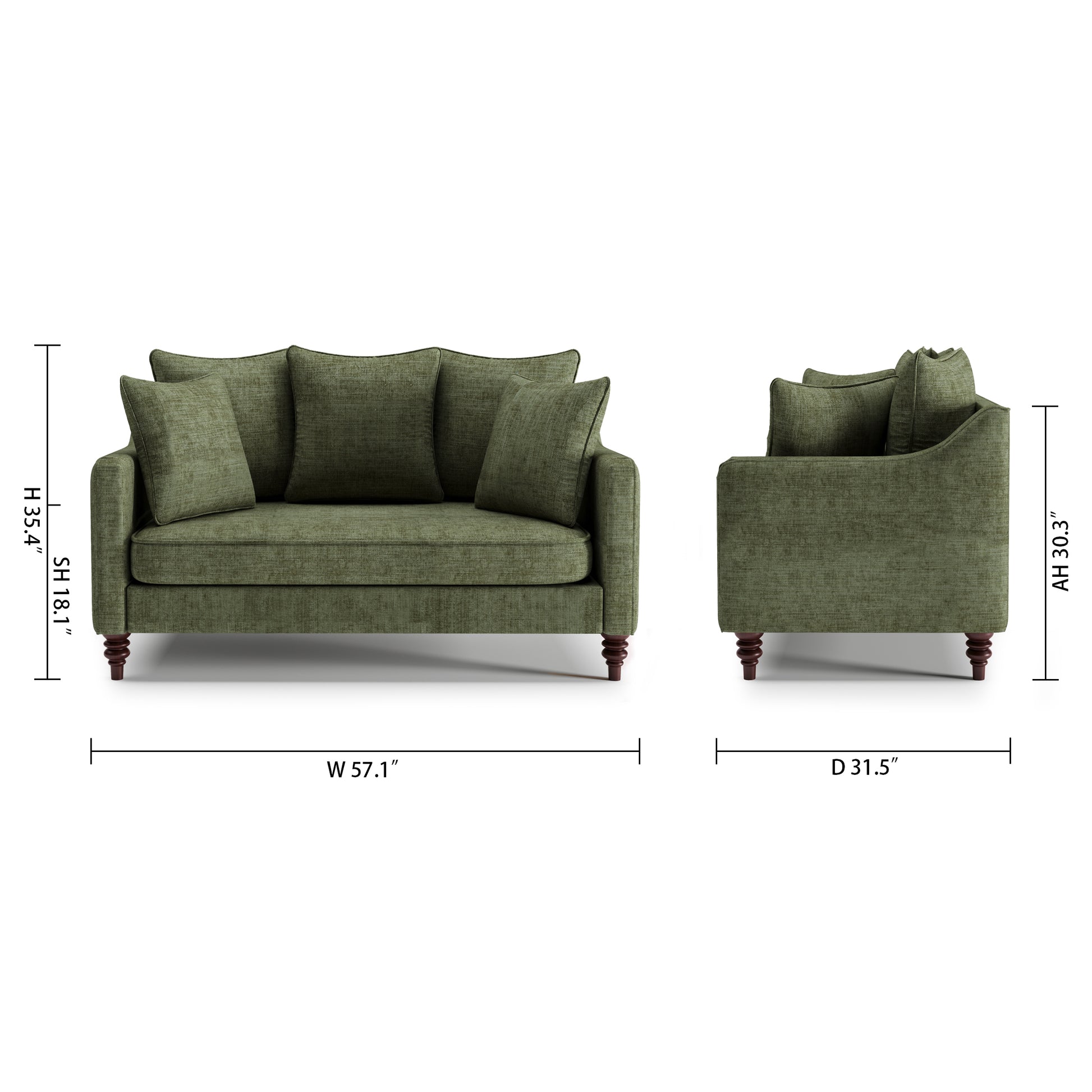 Madison Loveseat in Sage Green with dimensions showing 57.1-inch width, 31.5-inch depth, 35.4-inch height, 18.1-inch seat height, and 30.3-inch arm height.