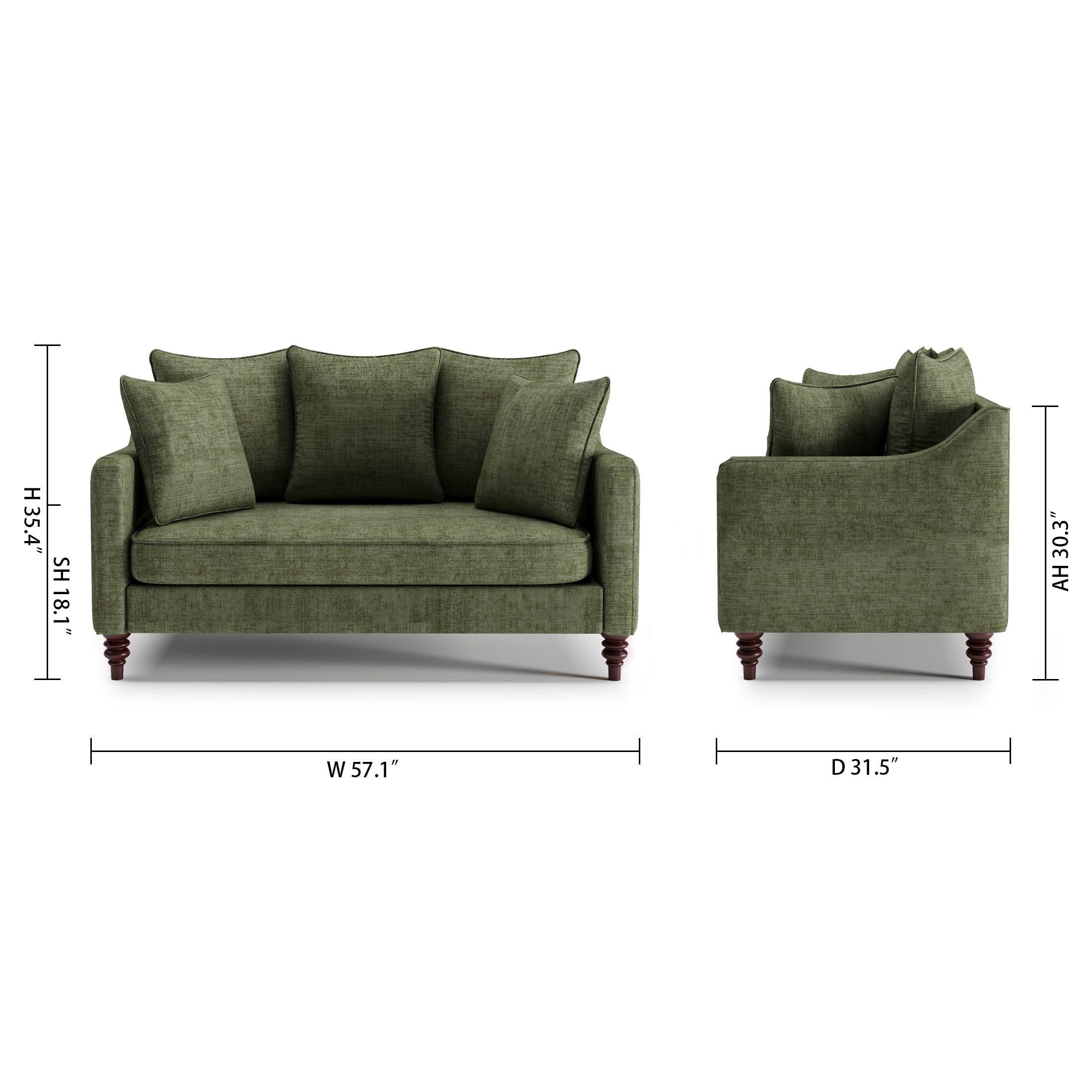 Madison Loveseat in Sage Green with dimensions showing 57.1-inch width, 31.5-inch depth, 35.4-inch height, 18.1-inch seat height, and 30.3-inch arm height.