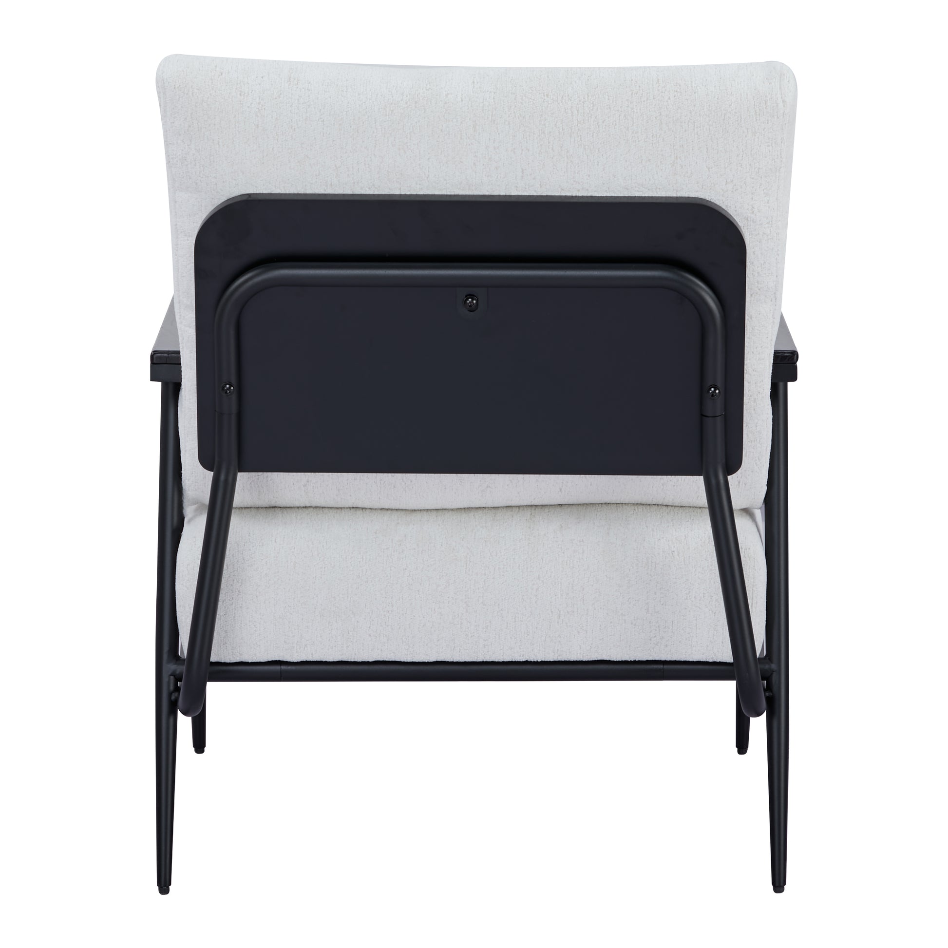 Parker Accent Chair in Sherpa Ivory shown from the rear with an upholstered back cushion, visible mounting panel, curved supports, and slim black legs