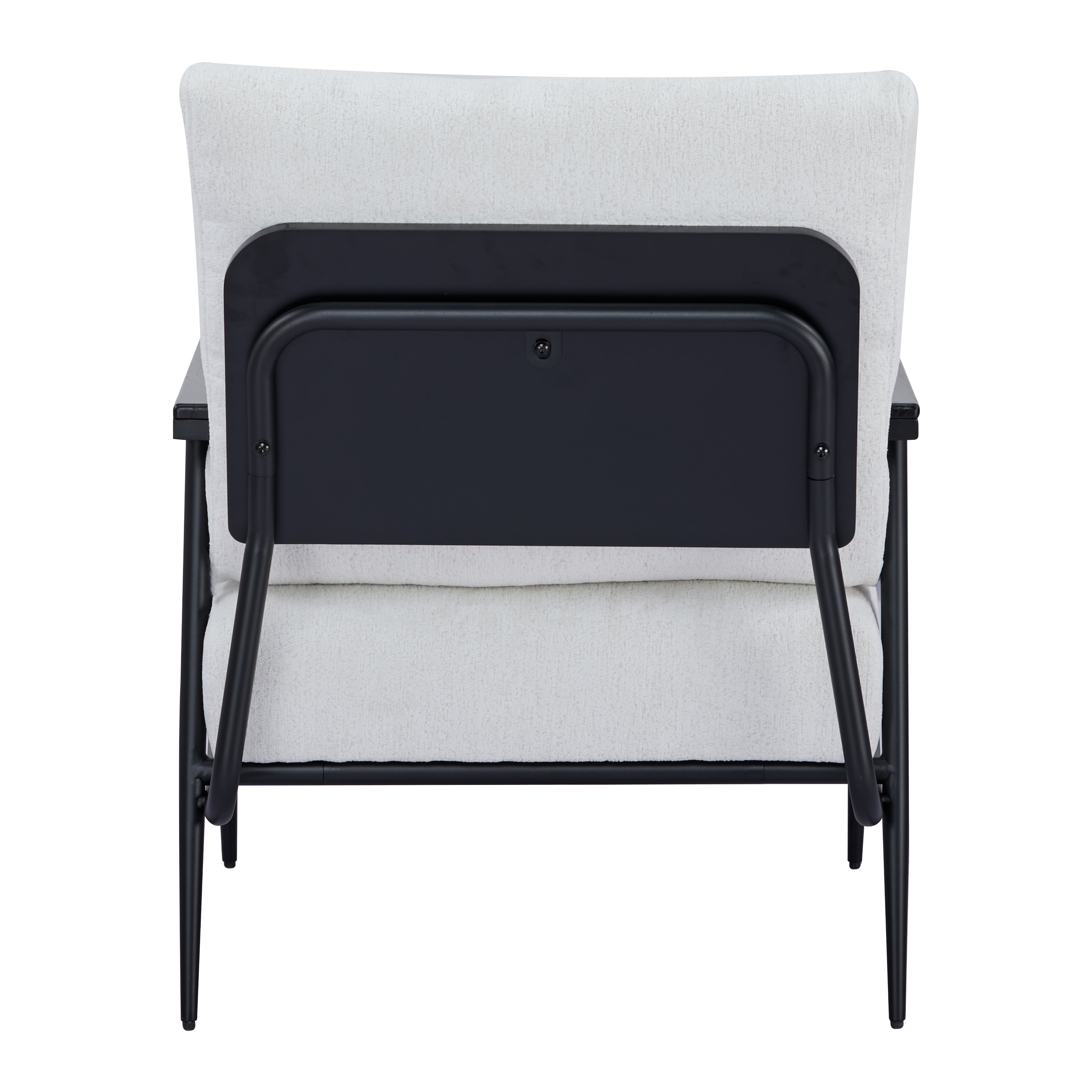 Parker Accent Chair in Sherpa Ivory shown from the rear with an upholstered back cushion, visible mounting panel, curved supports, and slim black legs