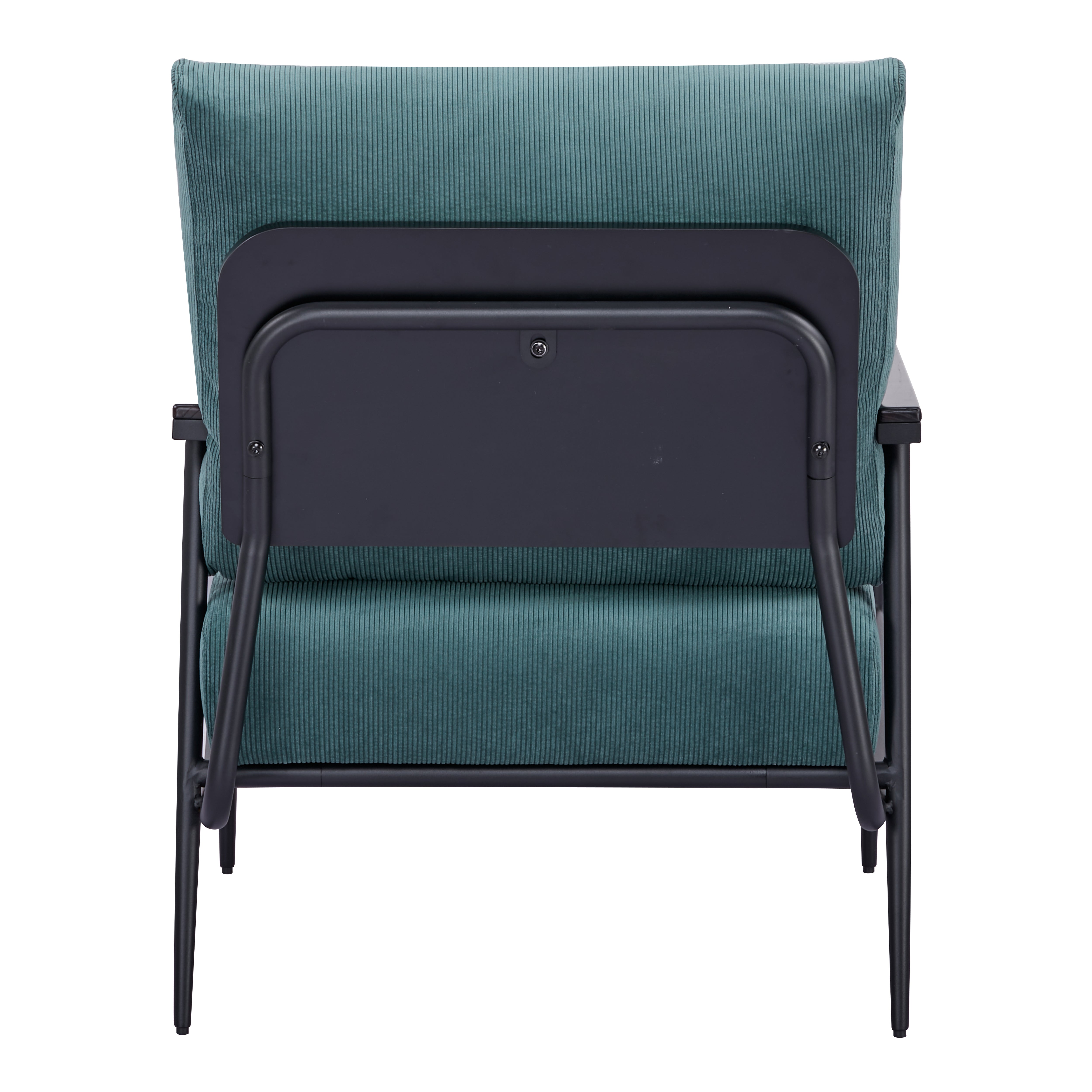 Parker Accent Chair in Corduroy Green shown from the rear with a ribbed back cushion, visible mounting panel, curved supports, and slim black legs