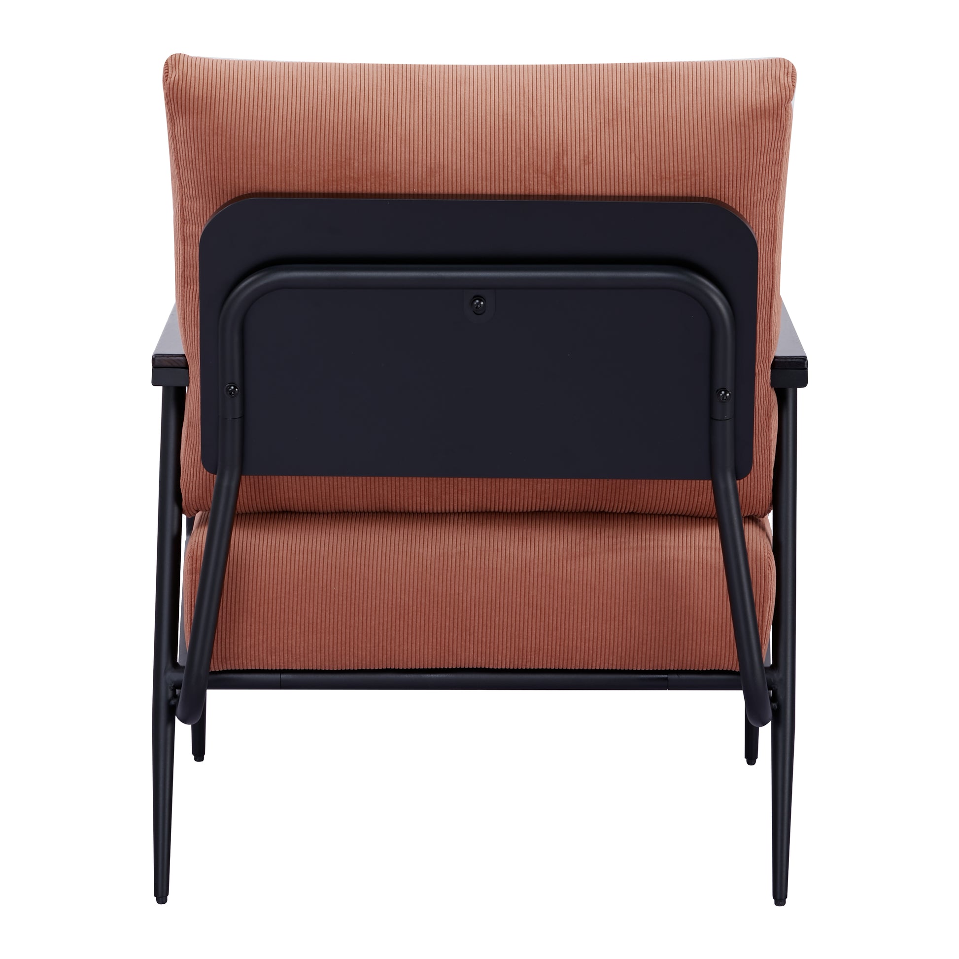Parker Accent Chair in Corduroy Orange shown from the rear with a ribbed back cushion, visible mounting panel, curved supports, and slim black legs