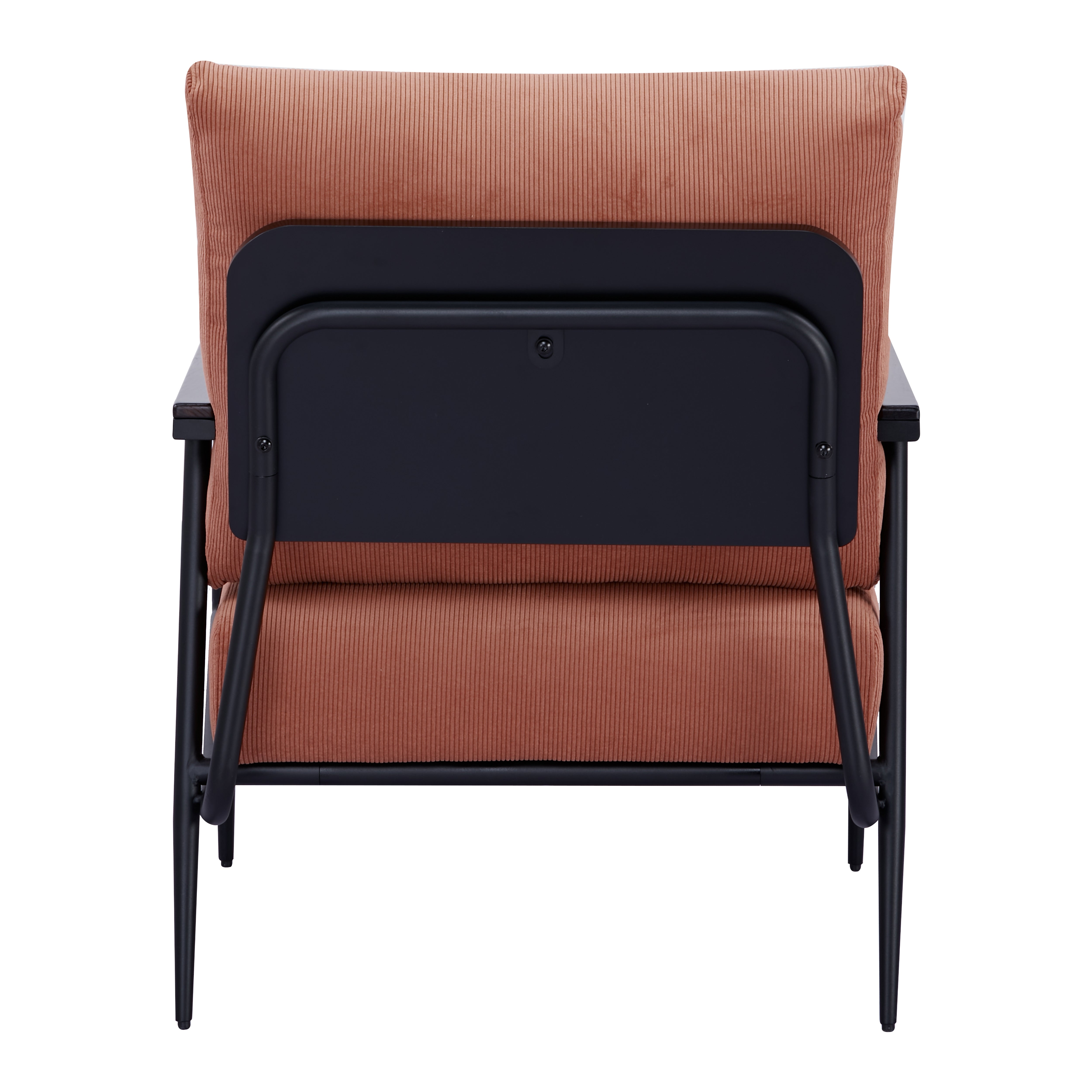 Parker Accent Chair in Corduroy Orange shown from the rear with a ribbed back cushion, visible mounting panel, curved supports, and slim black legs