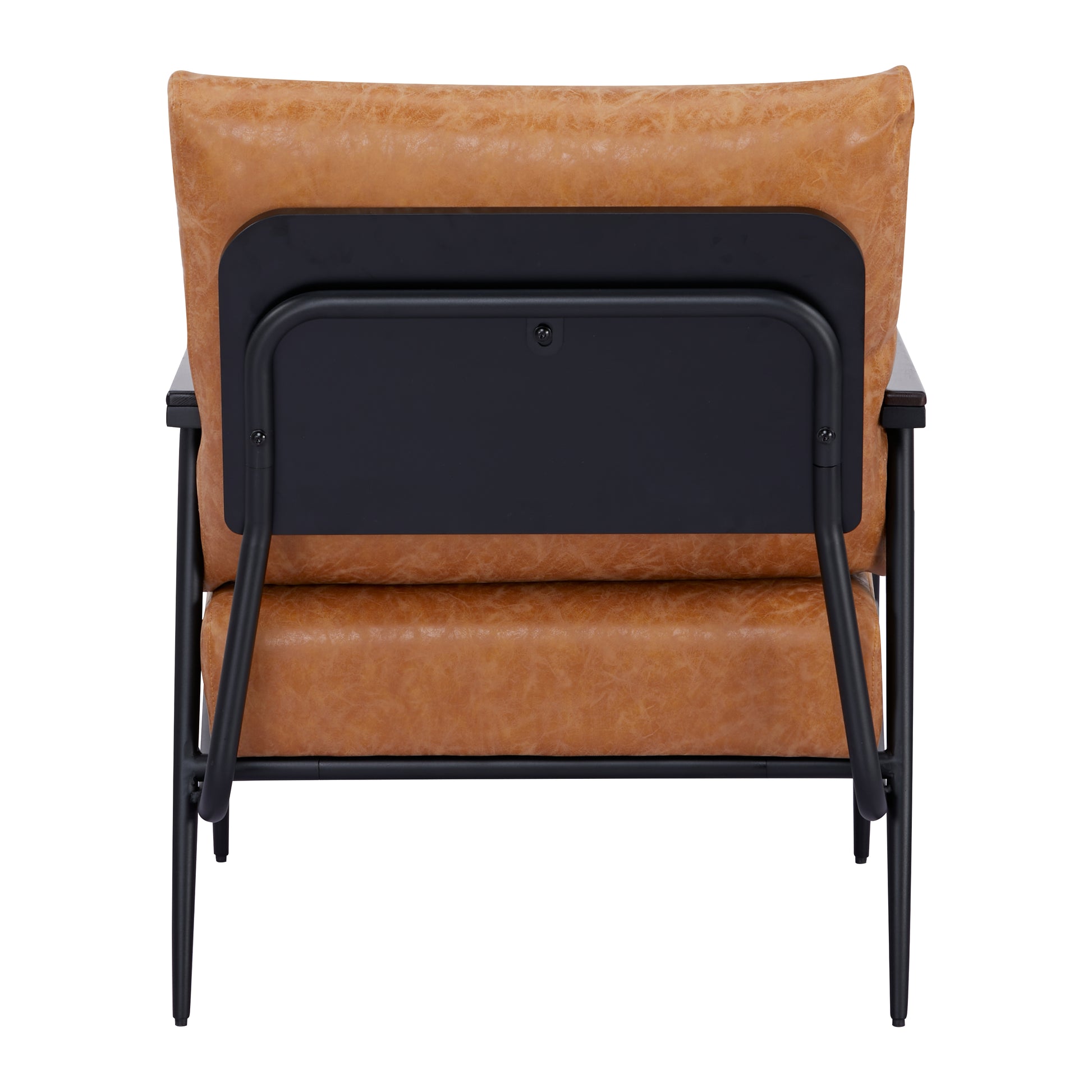 Parker Accent Chair in Faux Leather Camel shown from the rear with a camel back cushion, visible mounting panel, curved supports, and slim black legs