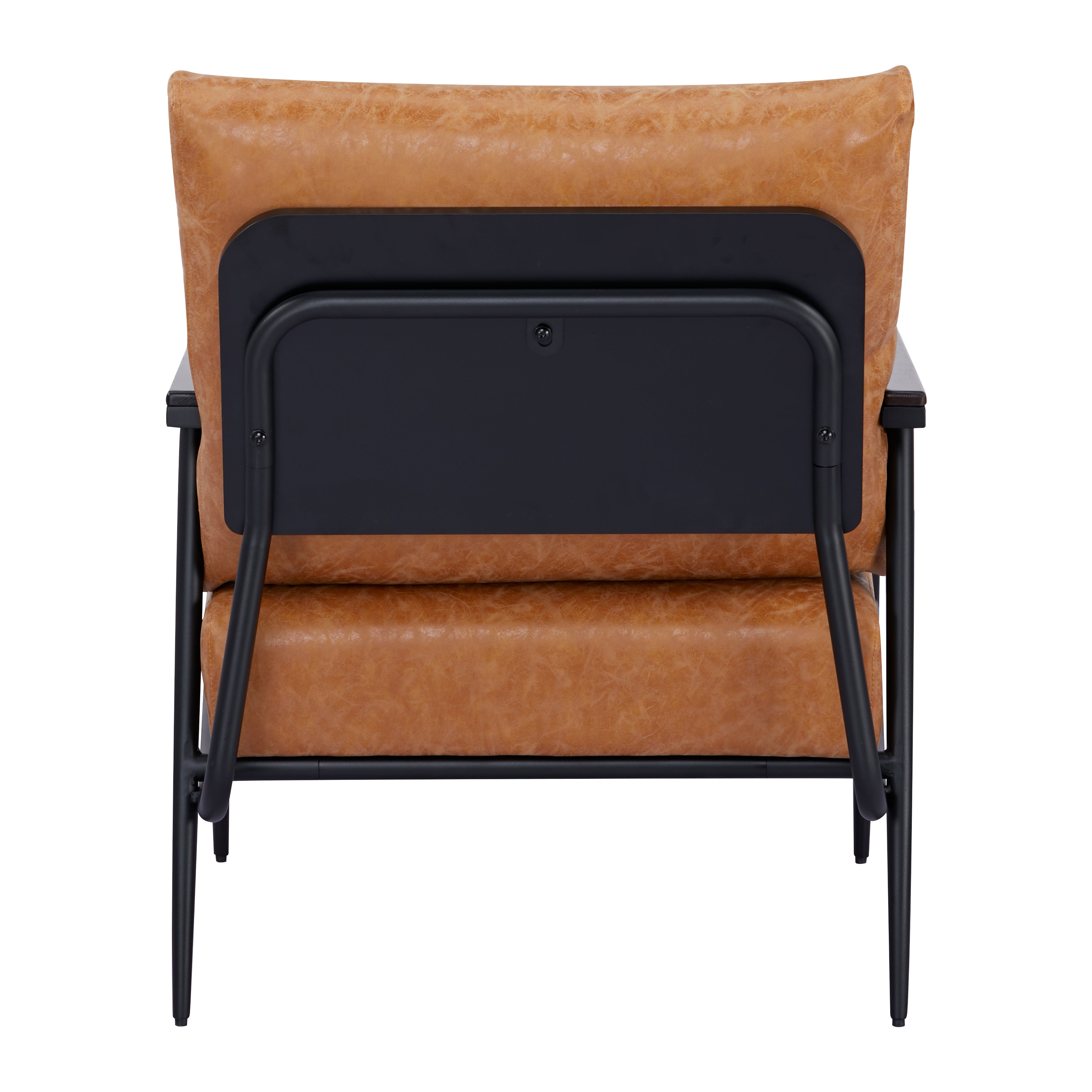 Parker Accent Chair in Faux Leather Camel shown from the rear with a camel back cushion, visible mounting panel, curved supports, and slim black legs