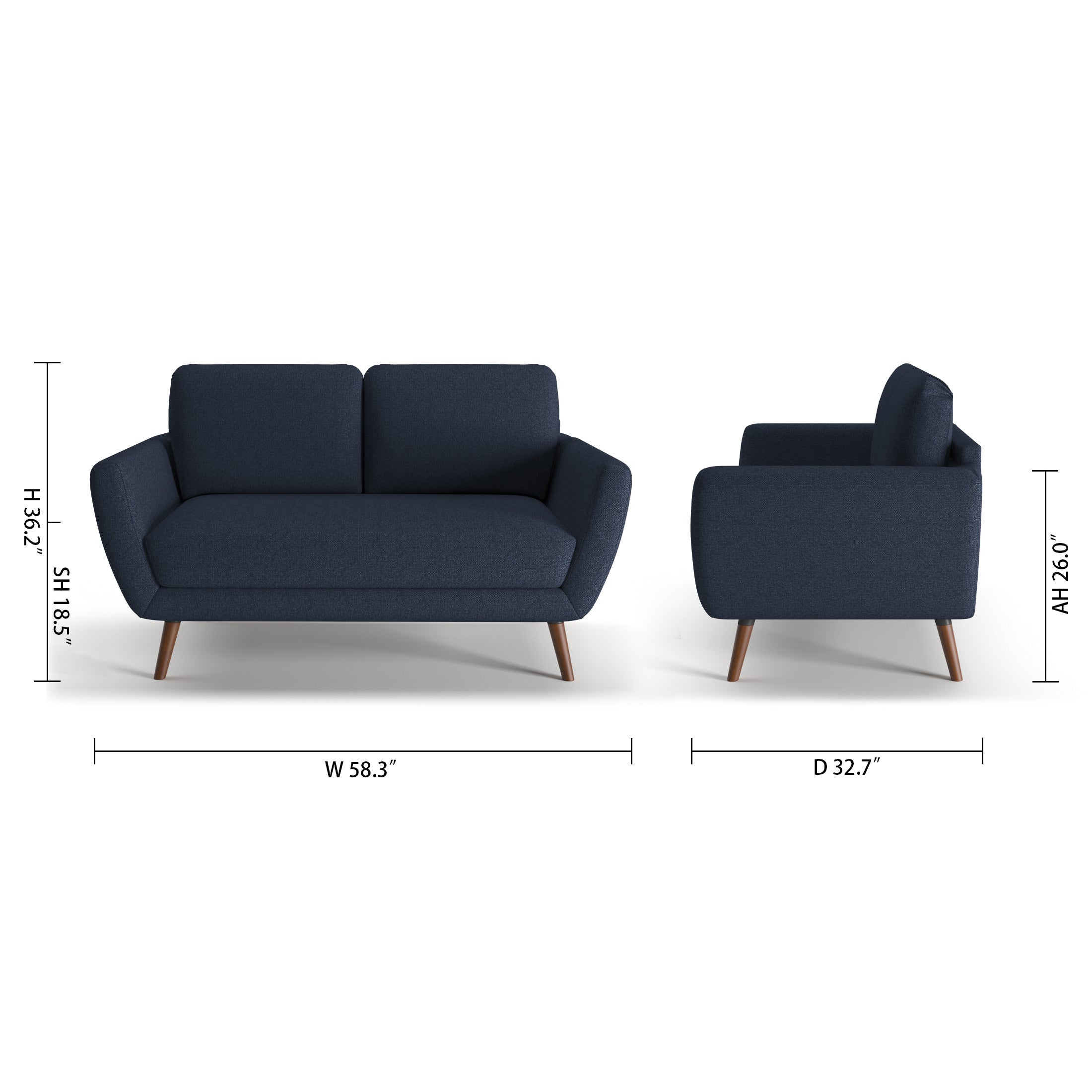 Oakland Loveseat in Navy Blue with dimensions showing 58.3-inch width, 32.7-inch depth, 36.2-inch height, 18.5-inch seat height, and 26-inch arm height