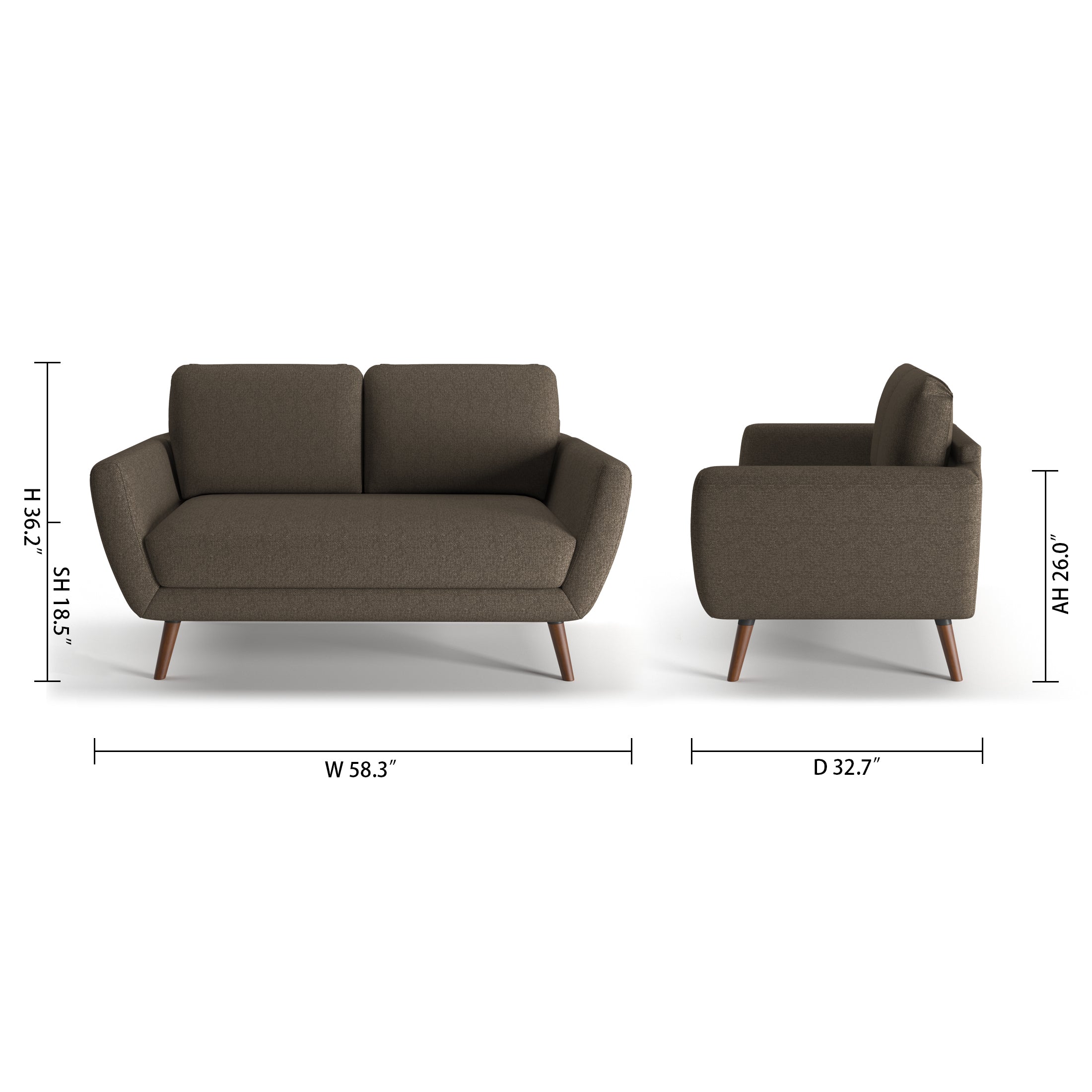 Oakland Loveseat in Driftwood Brown with dimensions showing 58.3-inch width, 32.7-inch depth, 36.2-inch height, 18.5-inch seat height, and 26-inch arm height