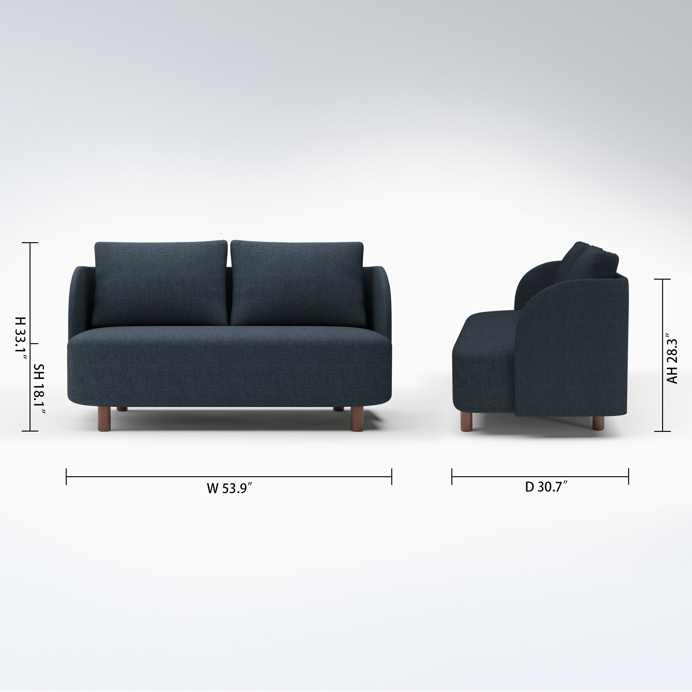 Nora Loveseat in Navy Blue with dimensions showing 53.9-inch width, 30.7-inch depth, 33.1-inch height, 18.1-inch seat height, and 28.3-inch arm height.