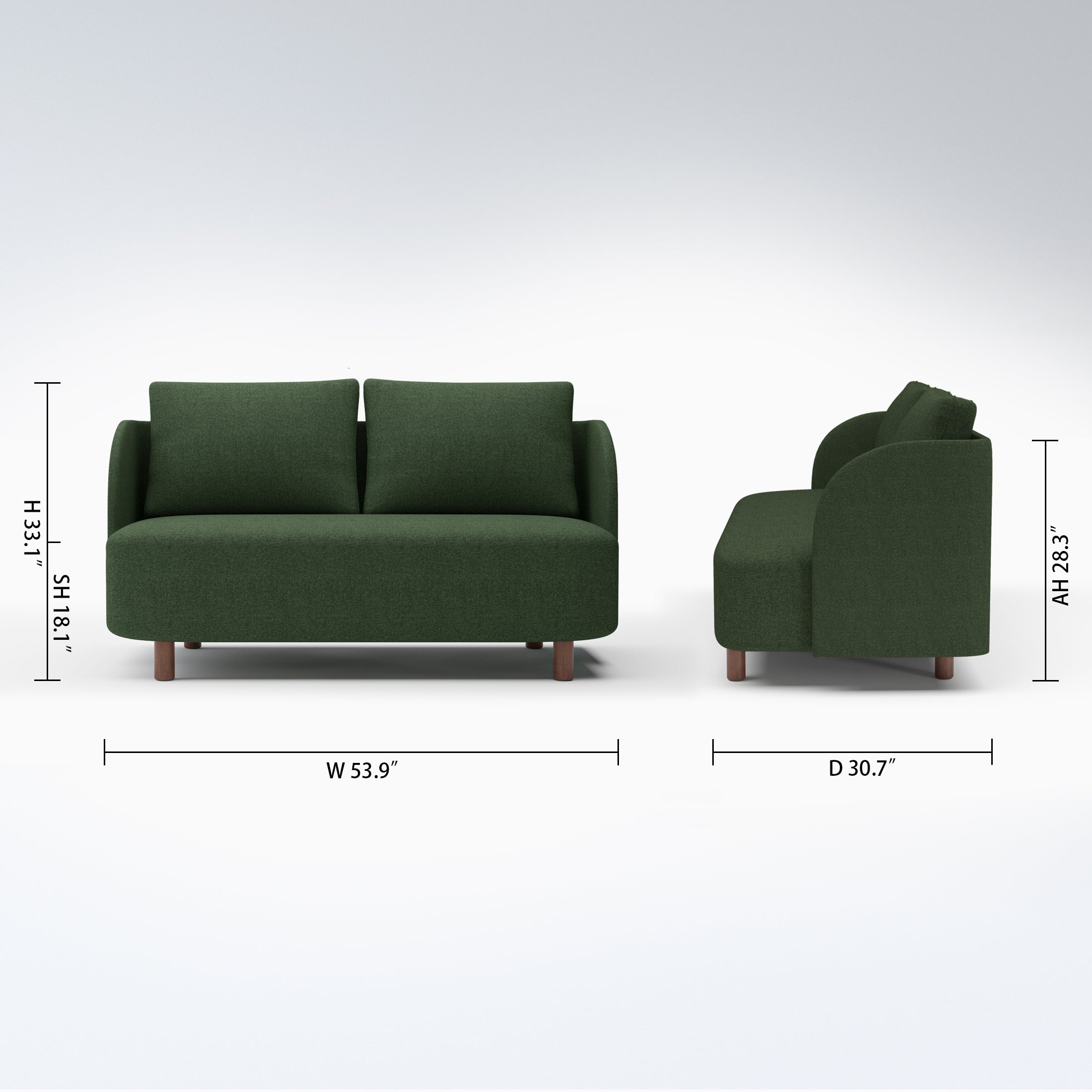 Nora Loveseat in Moss Green with dimensions showing 53.9-inch width, 30.7-inch depth, 33.1-inch height, 18.1-inch seat height, and 28.3-inch arm height.
