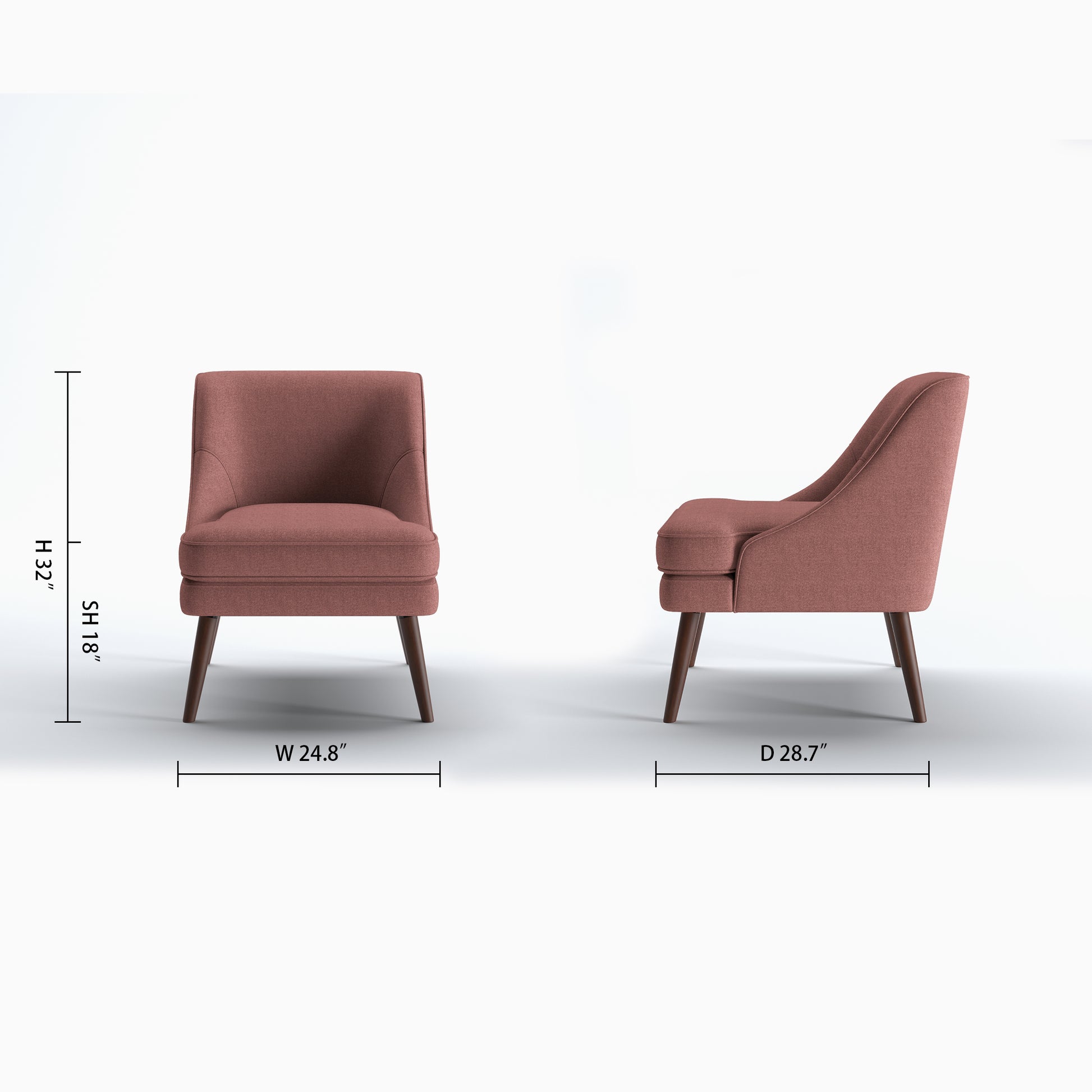 Dana Accent Chair in Faux Linen Dusty Rose shown in front and side views with 24.8-inch width, 28.7-inch depth, 32-inch height, and 18-inch seat height