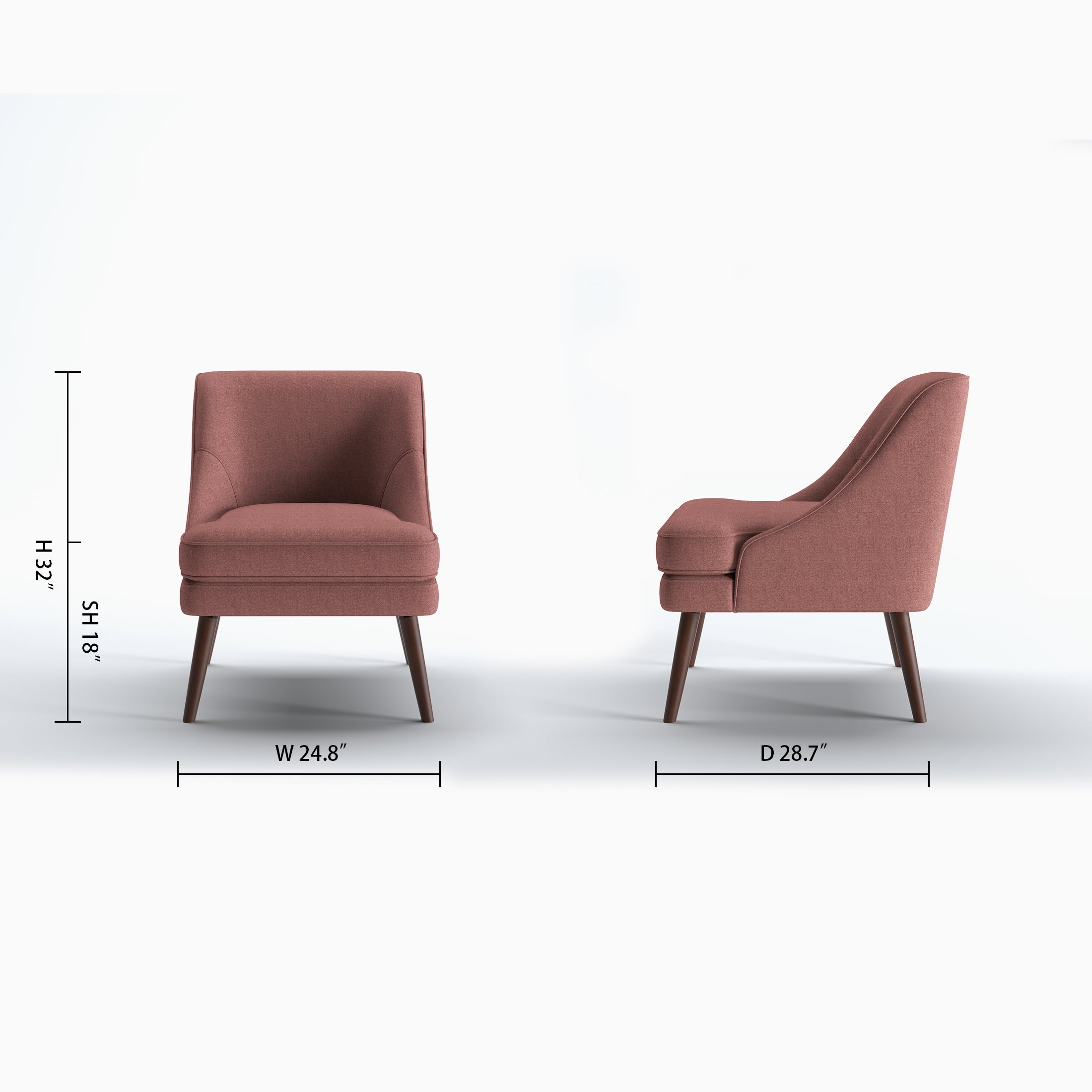 Dana Accent Chair in Faux Linen Dusty Rose shown in front and side views with 24.8-inch width, 28.7-inch depth, 32-inch height, and 18-inch seat height
