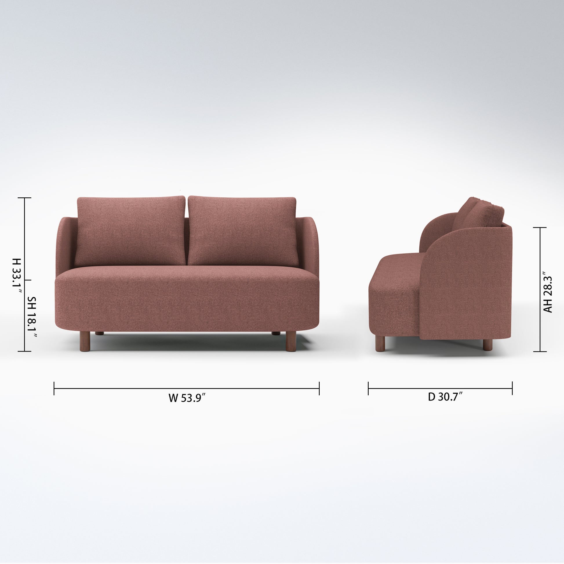 Nora Loveseat in Dusty Rose with dimensions showing 53.9-inch width, 30.7-inch depth, 33.1-inch height, 18.1-inch seat height, and 28.3-inch arm height.