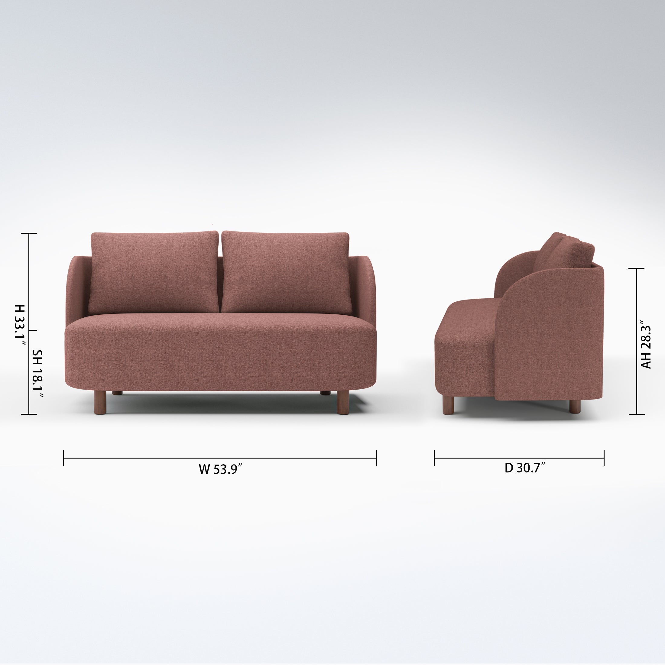 Nora Loveseat in Dusty Rose with dimensions showing 53.9-inch width, 30.7-inch depth, 33.1-inch height, 18.1-inch seat height, and 28.3-inch arm height.