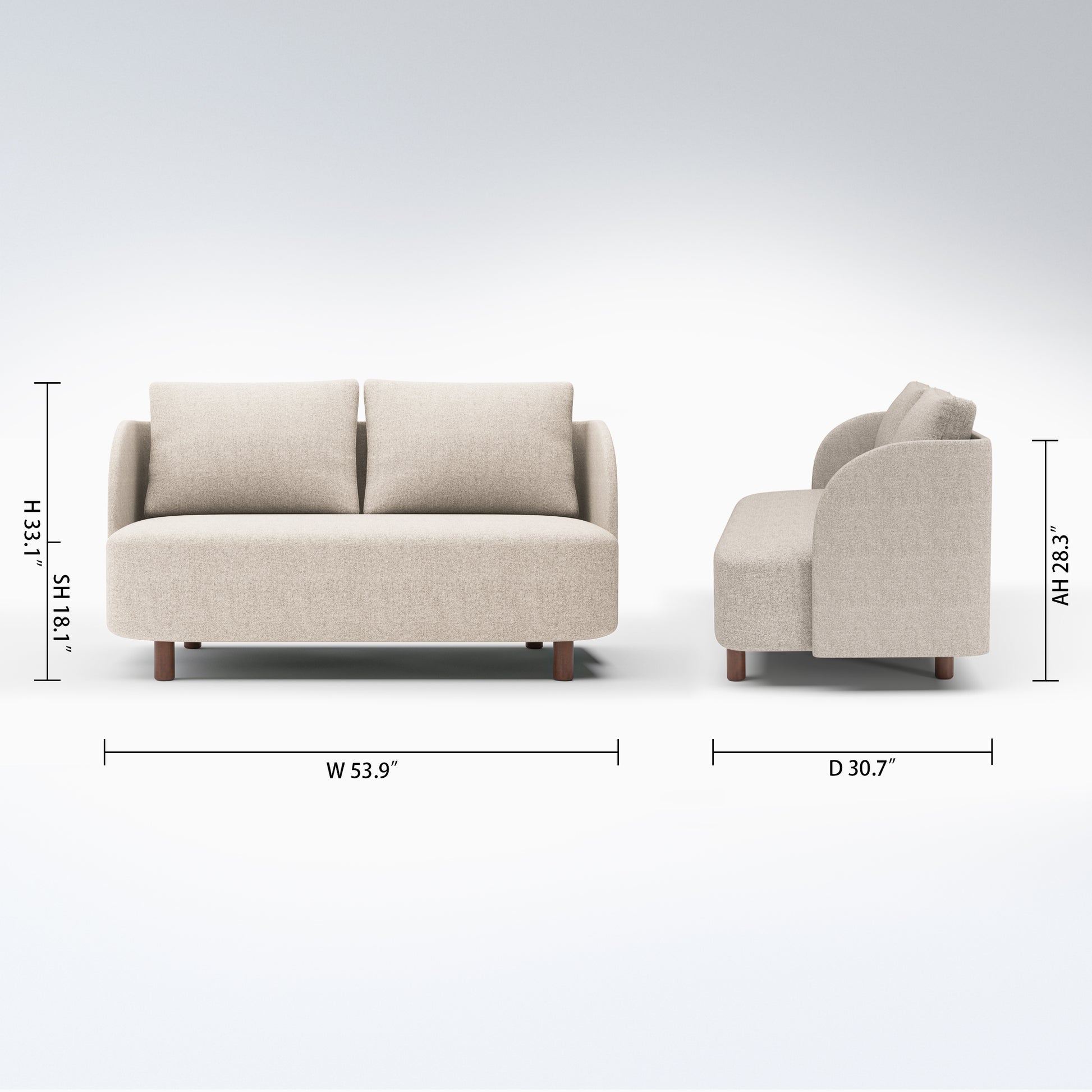 Nora Loveseat in Sandstone Beige with dimensions showing 53.9-inch width, 30.7-inch depth, 33.1-inch height, 18.1-inch seat height, and 28.3-inch arm height.