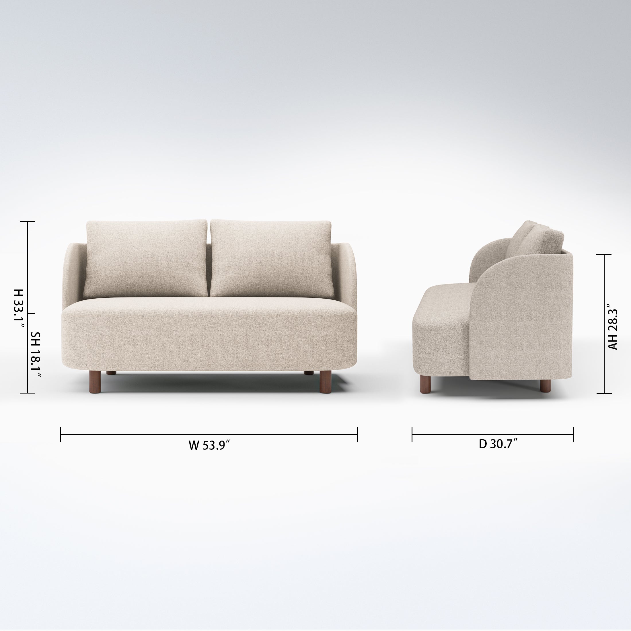 Nora Loveseat in Sandstone Beige with dimensions showing 53.9-inch width, 30.7-inch depth, 33.1-inch height, 18.1-inch seat height, and 28.3-inch arm height.
