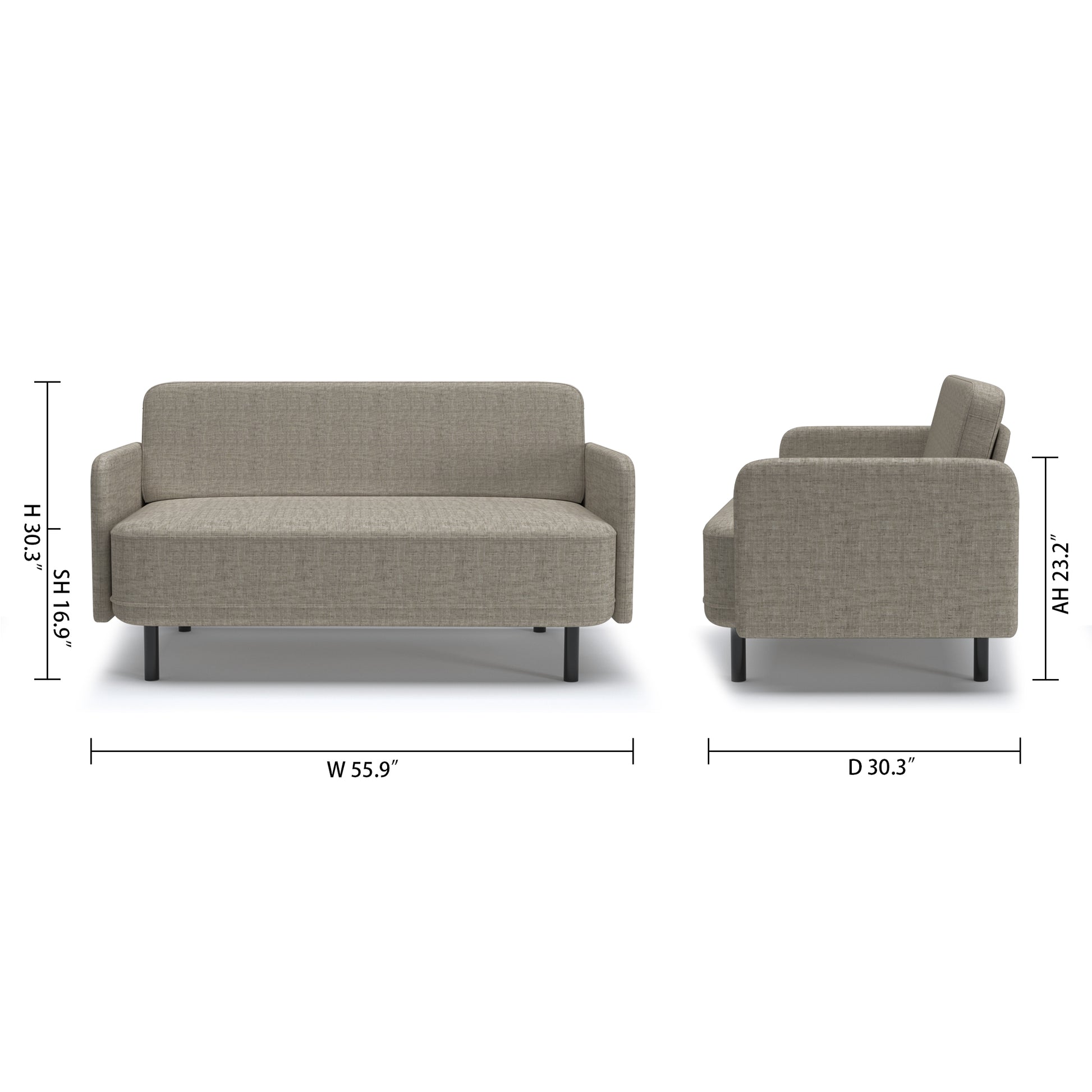 Metro Loveseat in Cloud Gray with dimensions showing 55.9-inch width, 30.3-inch depth, 30.3-inch height, 16.9-inch seat height, and 23.2-inch arm height.