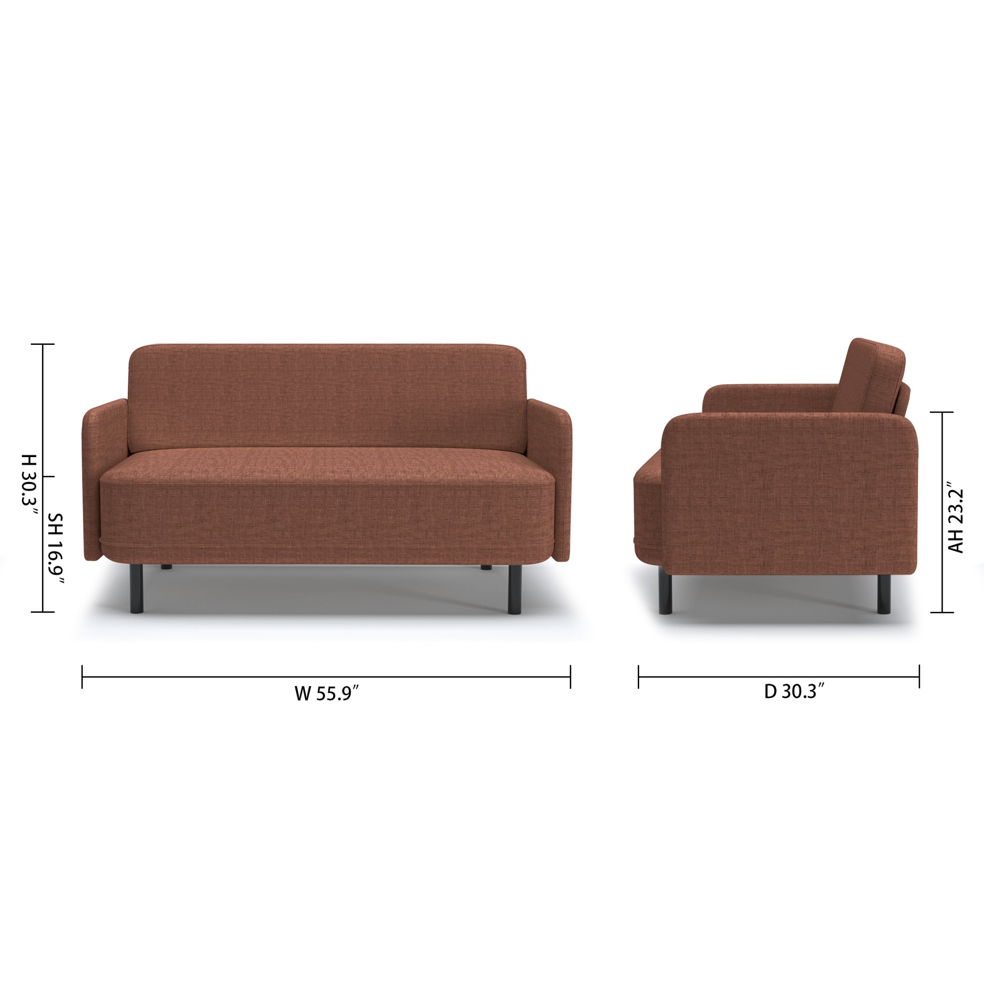 Metro Loveseat in Rosewood Blush with dimensions showing 55.9-inch width, 30.3-inch depth, 30.3-inch height, 16.9-inch seat height, and 23.2-inch arm height.