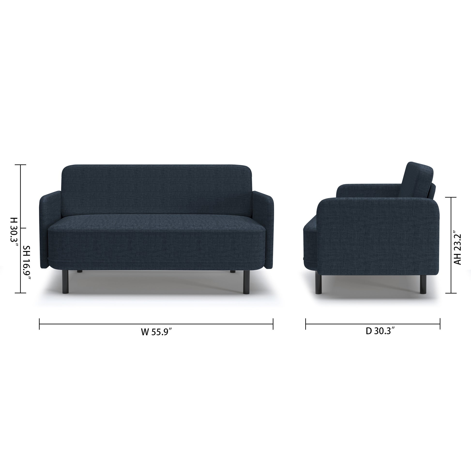 Metro Loveseat in Navy Blue with measurements showing 55.9-inch width, 30.3-inch depth, 30.3-inch height, 16.9-inch seat height, and 23.2-inch arm height