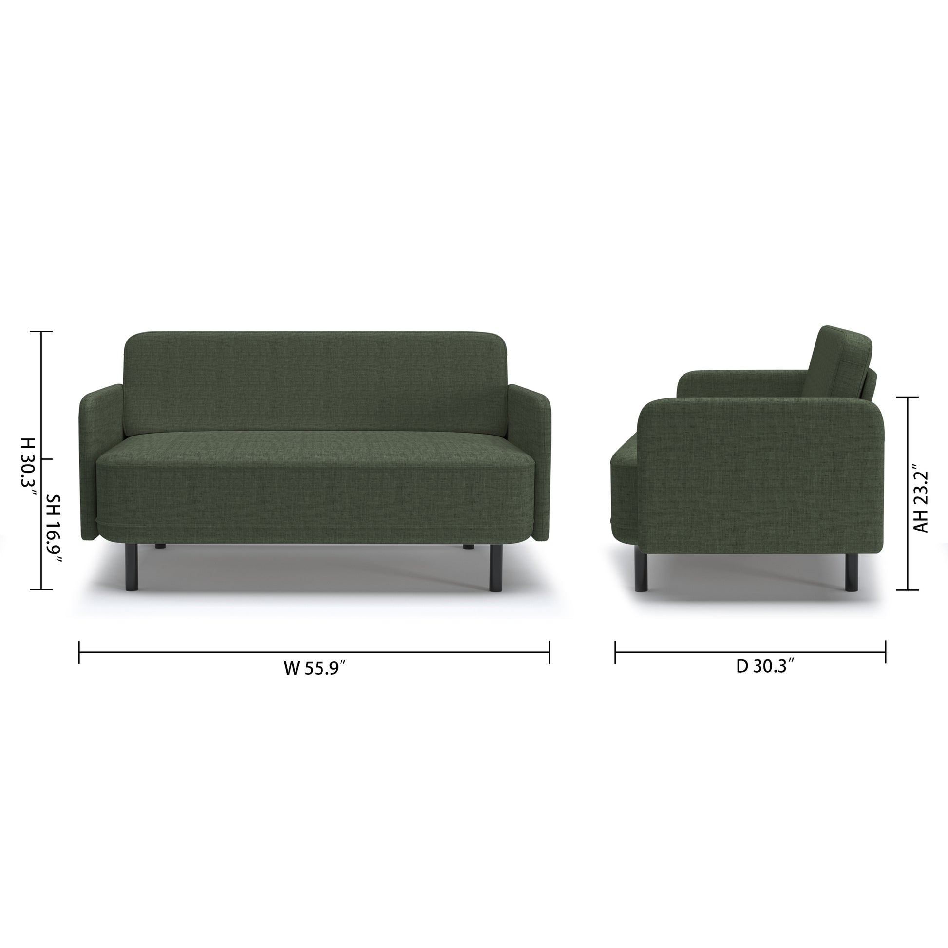 Metro Loveseat in Olive Green with dimensions showing 55.9-inch width, 30.3-inch depth, 30.3-inch height, 16.9-inch seat height, and 23.2-inch arm height.