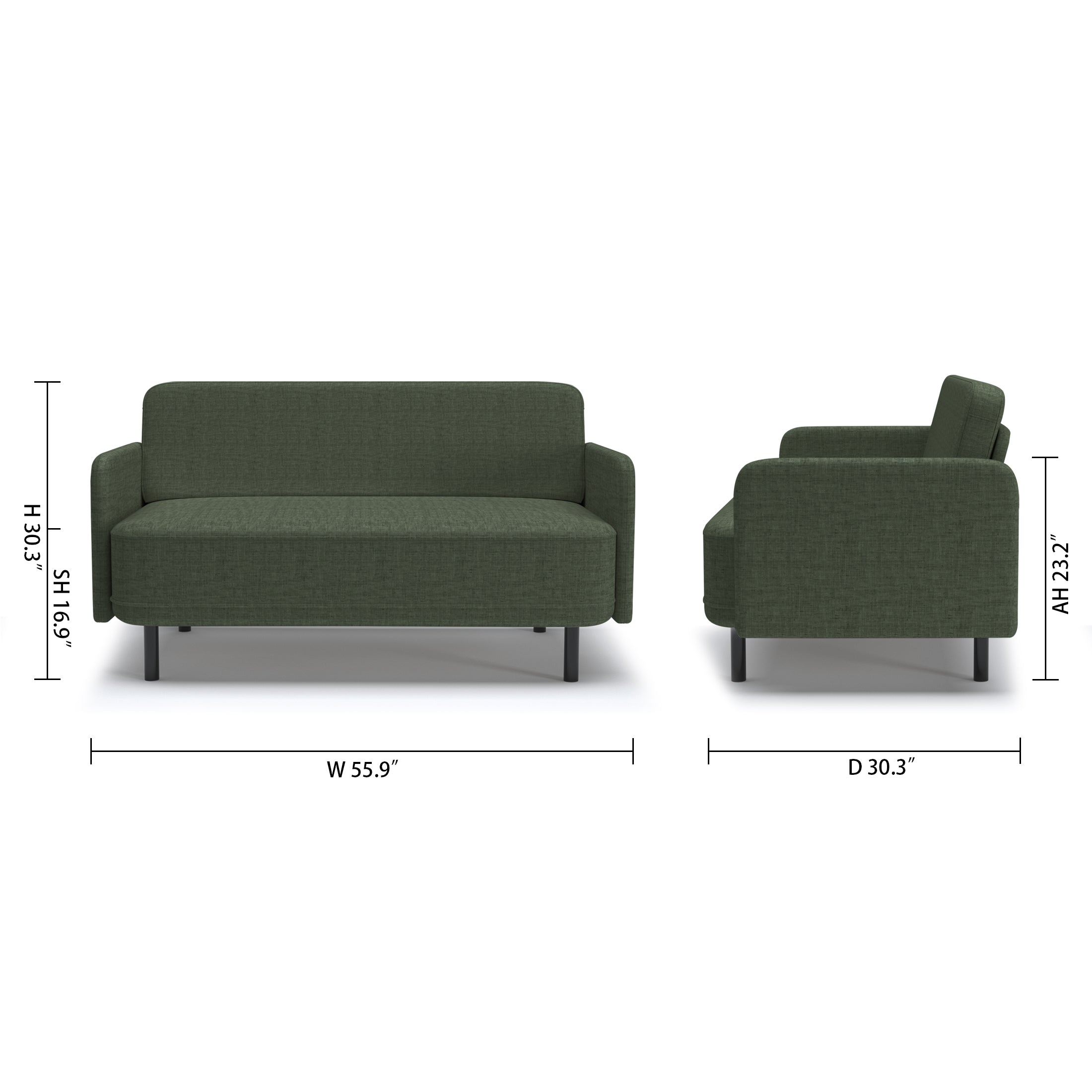 Metro Loveseat in Olive Green with dimensions showing 55.9-inch width, 30.3-inch depth, 30.3-inch height, 16.9-inch seat height, and 23.2-inch arm height.