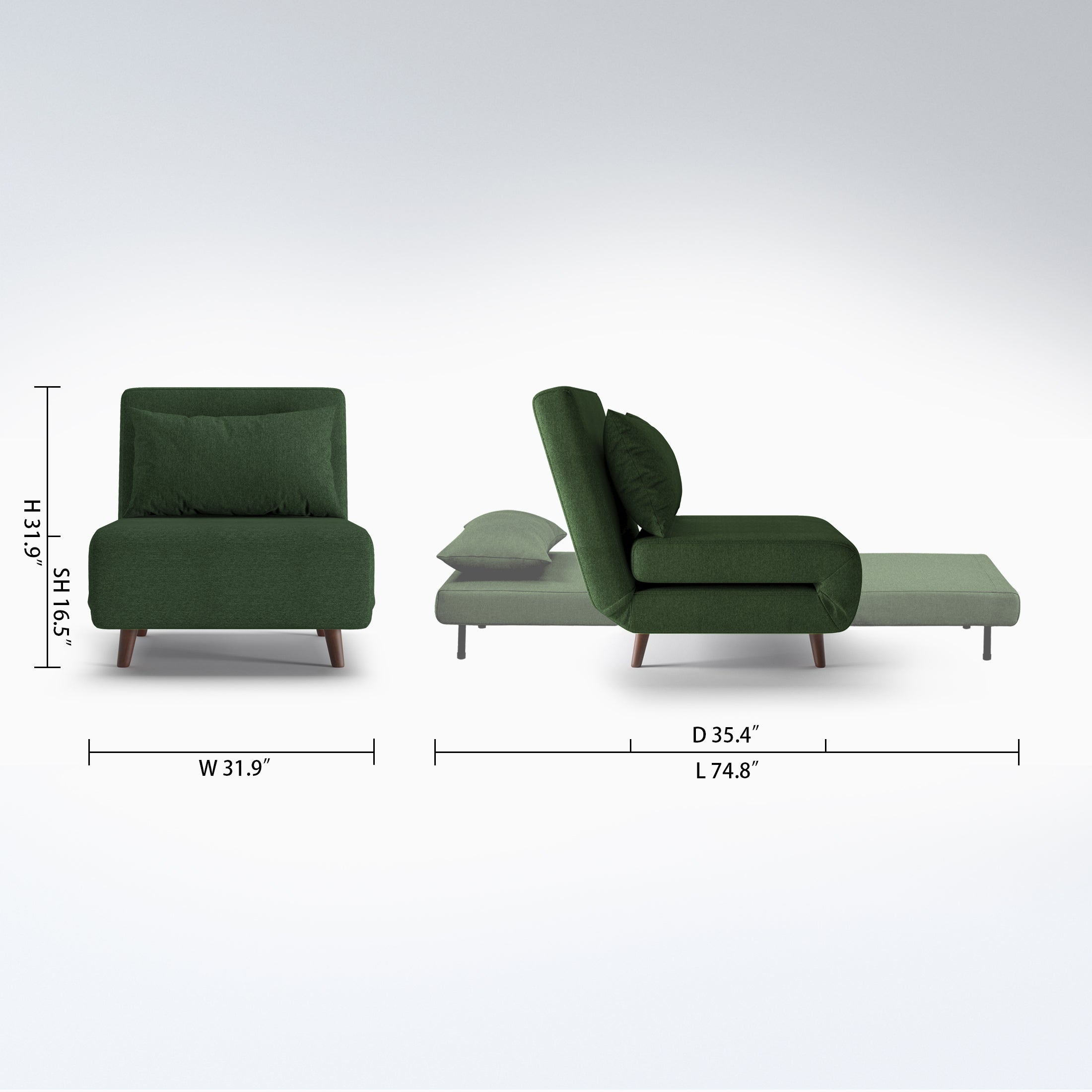 Tustin Convertible Chair in Green shown in chair and bed configurations with a 31.9-inch width, 35.4-inch depth, 31.9-inch height, 16.5-inch seat height, and 74.8-inch bed length.
