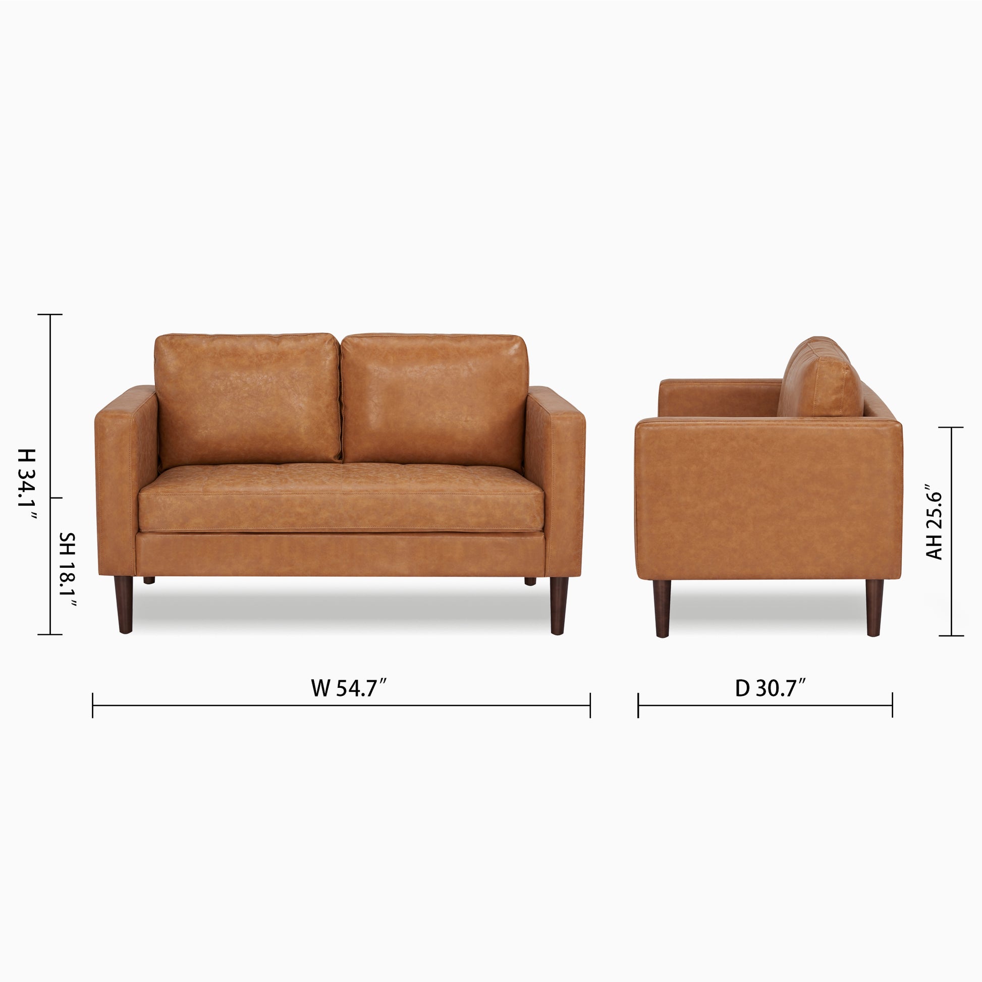 Orlando Loveseat in Faux Leather Camel with dimensions showing 54.7-inch width, 30.7-inch depth, 34.1-inch height, 18.1-inch seat height, and 25.6-inch arm height.