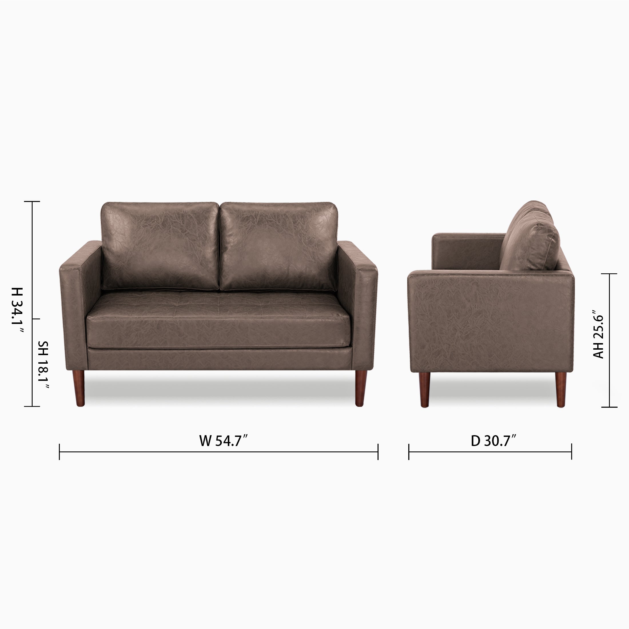 Orlando Loveseat in Faux Leather Brown with dimensions showing 54.7-inch width, 30.7-inch depth, 34.1-inch height, 18.1-inch seat height, and 25.6-inch arm height.