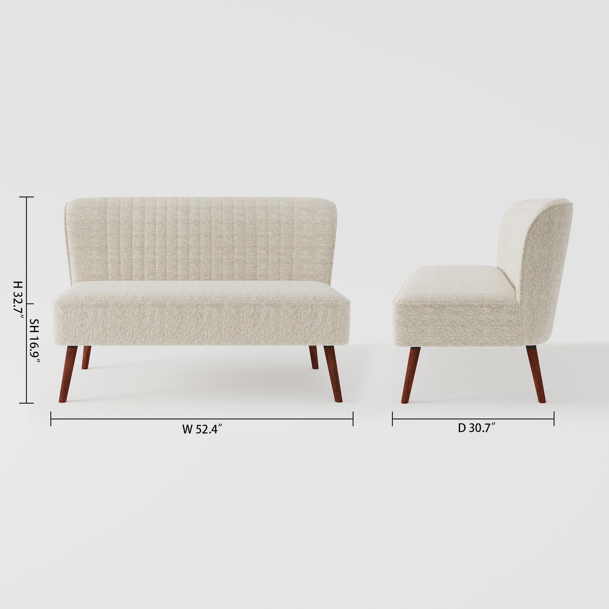 Hollywood Loveseat in Ivory with dimensions showing 52.4-inch width, 30.7-inch depth, 32.7-inch height, and 16.9-inch seat height