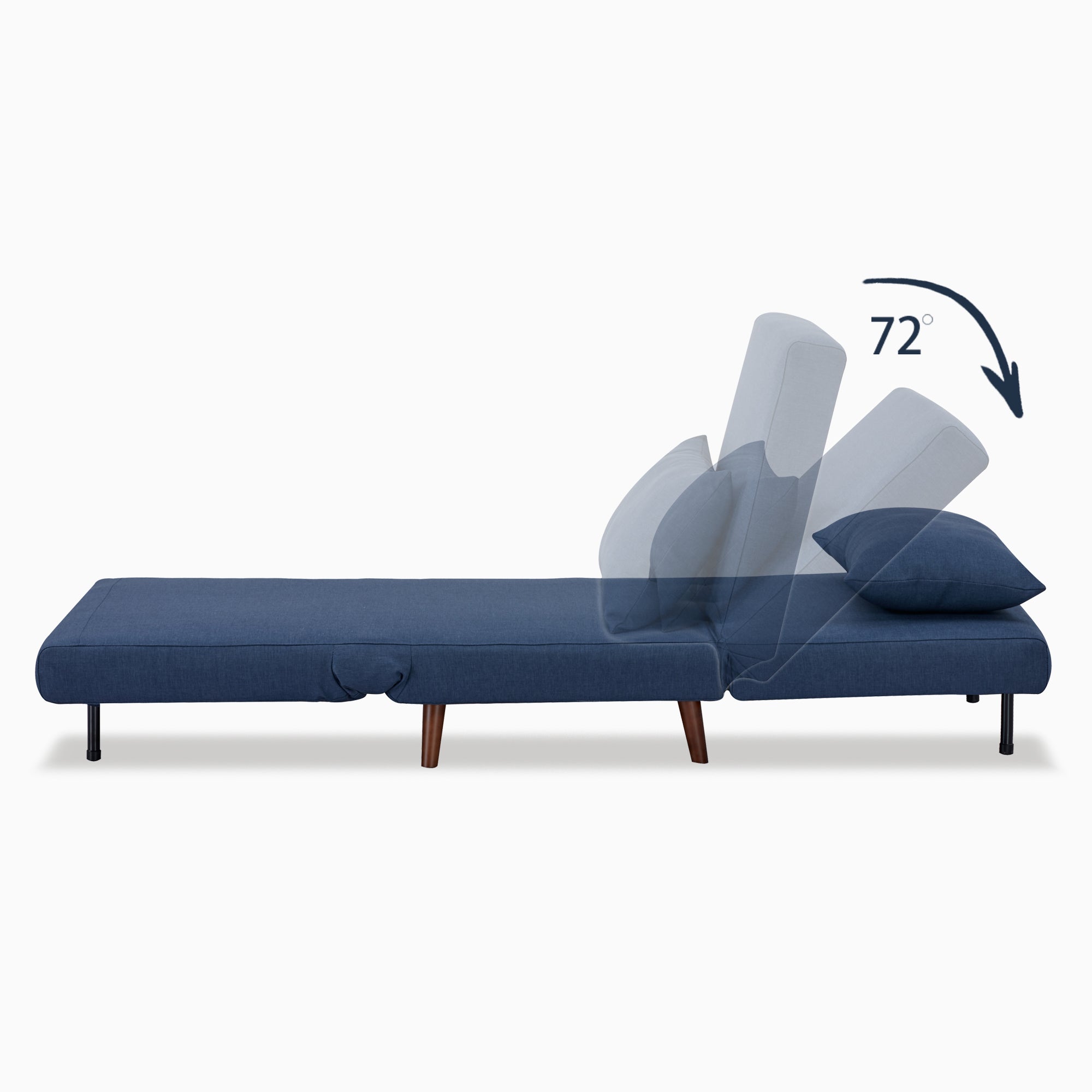 Tustin Convertible Chair in Blue shown in sleeper mode with a matching lumbar pillow and adjustable backrest reclining through a 72-degree range.