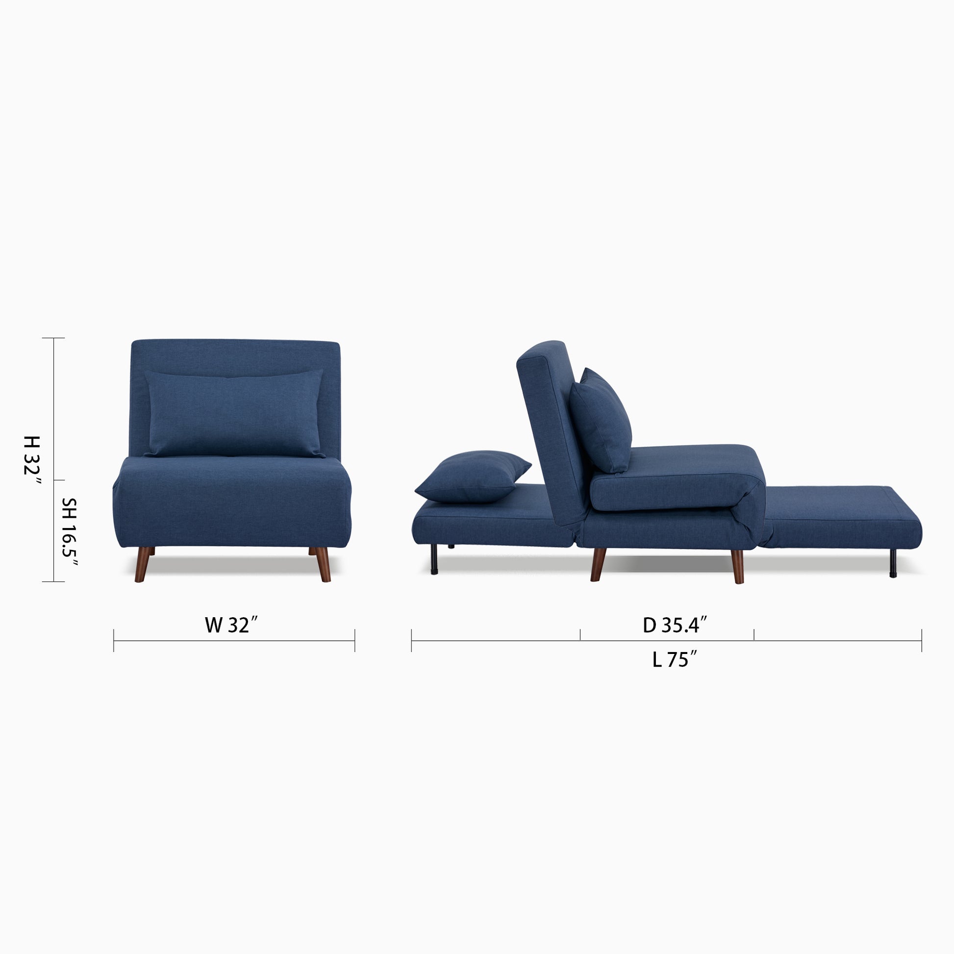 Tustin Convertible Chair in Blue shown in chair and bed configurations with a 32-inch width, 35.4-inch depth, 32-inch height, 16.5-inch seat height, and 75-inch bed length.