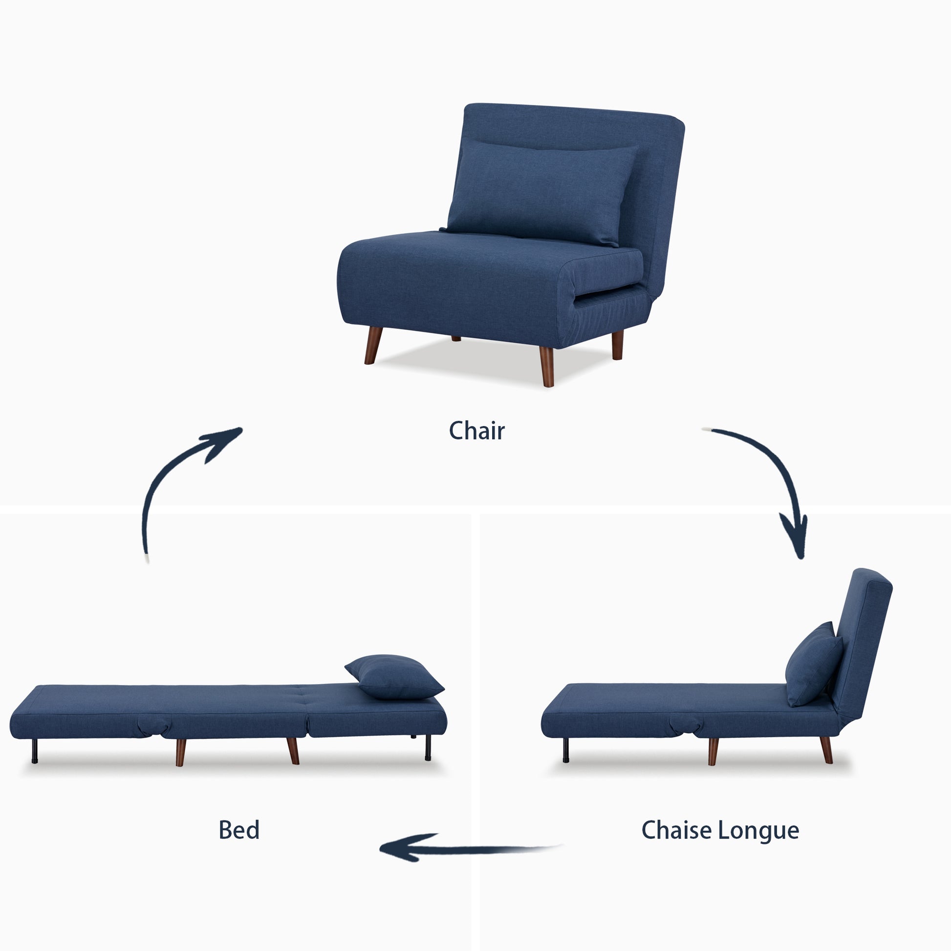 Tustin Convertible Chair in Blue demonstrating its conversion between chair, chaise lounge, and flat bed positions with a matching lumbar pillow