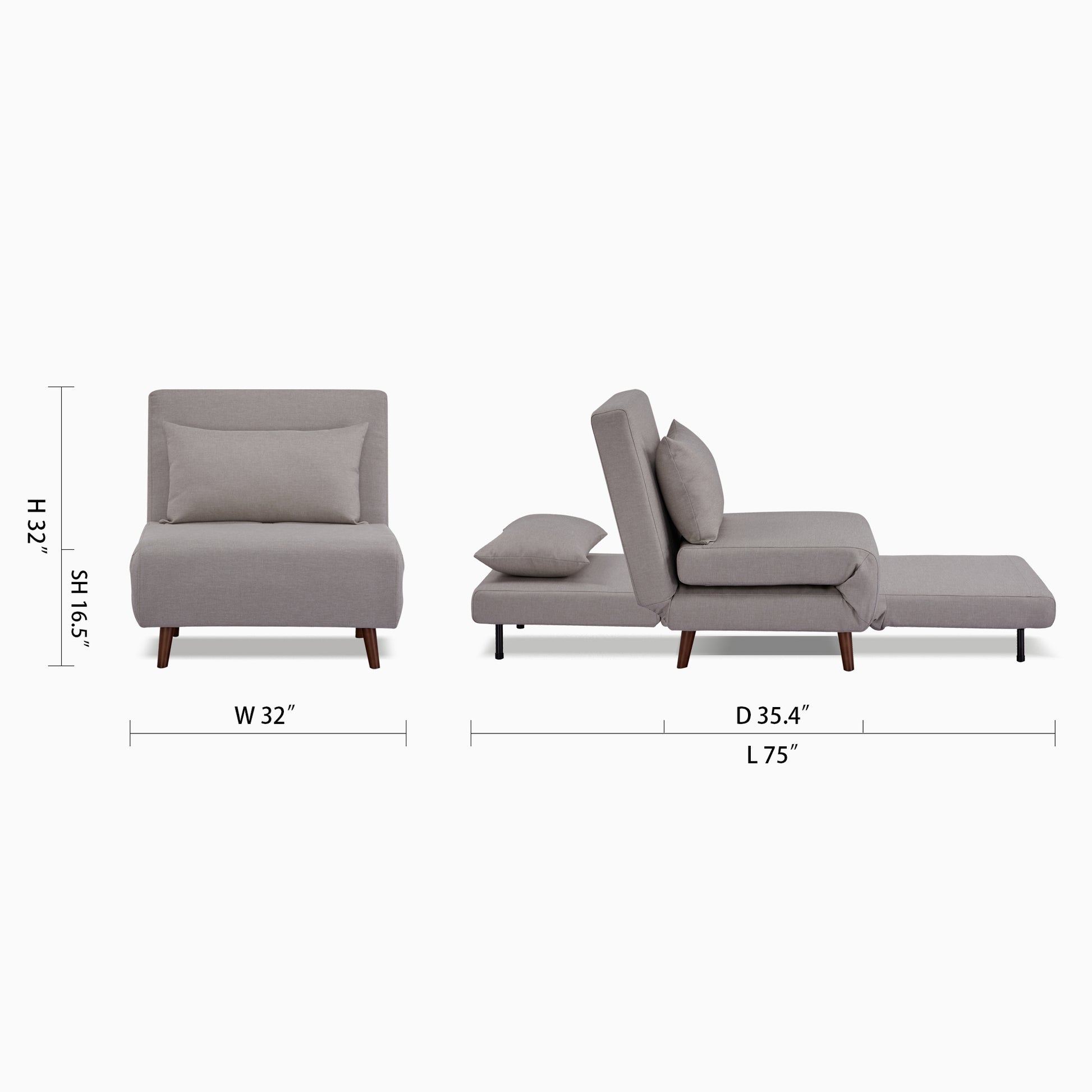 Tustin Convertible Chair in Beige shown in chair and bed configurations with a 32-inch width, 35.4-inch depth, 32-inch height, 16.5-inch seat height, and 75-inch bed length.