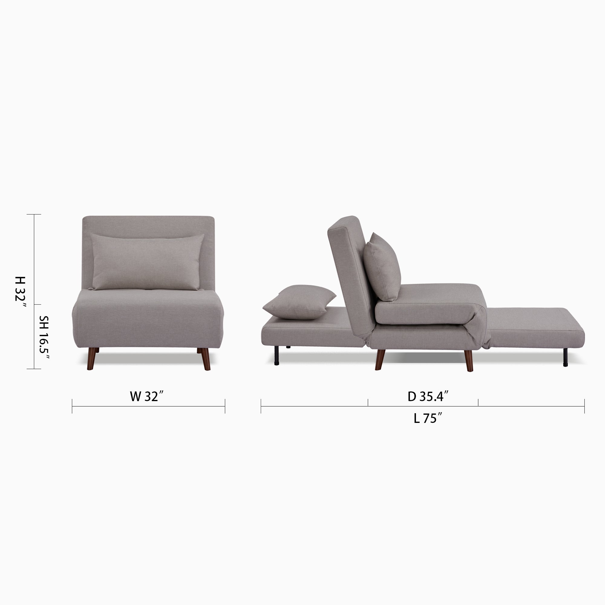 Tustin Convertible Chair in Beige shown in chair and bed configurations with a 32-inch width, 35.4-inch depth, 32-inch height, 16.5-inch seat height, and 75-inch bed length.