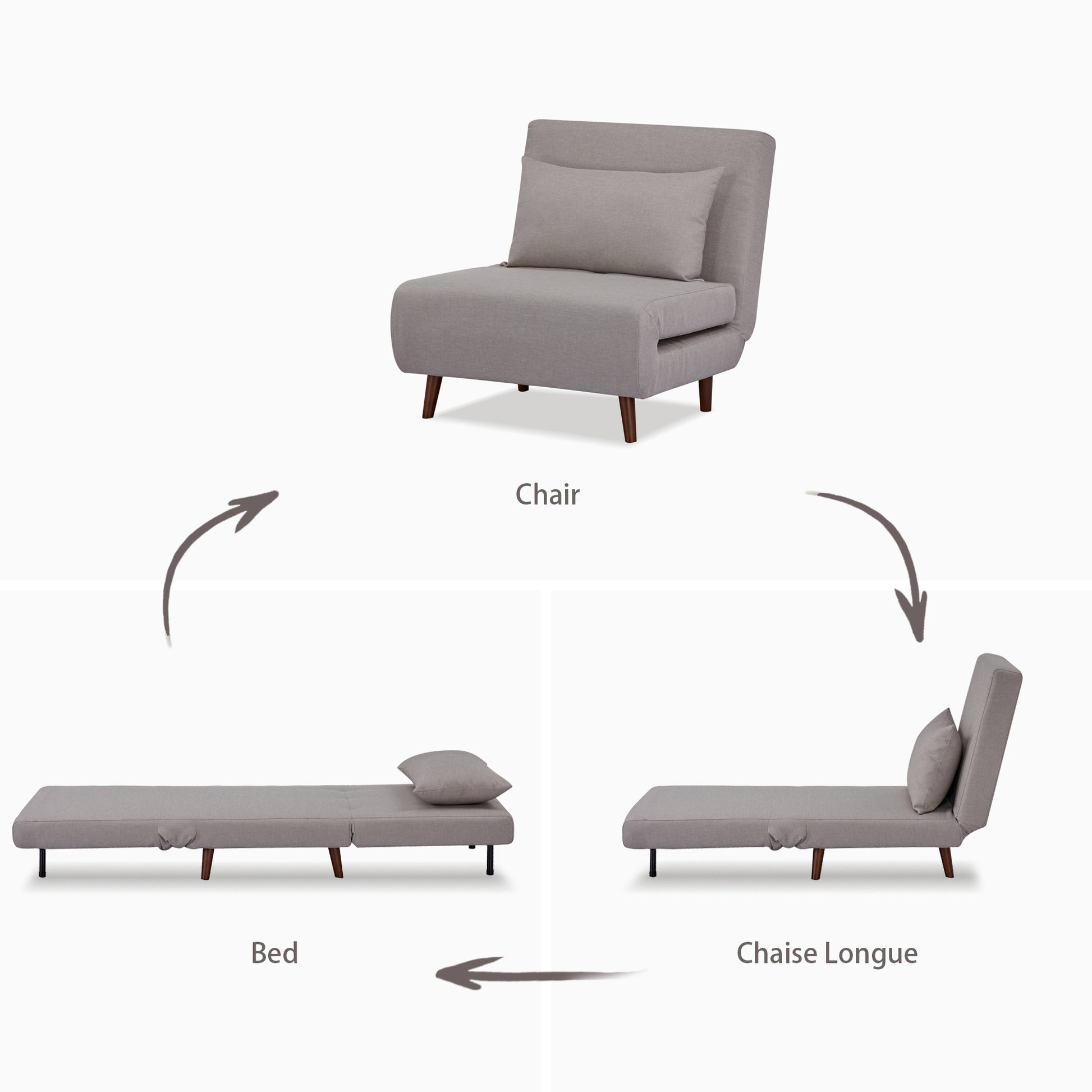 Tustin Convertible Chair in Beige demonstrating its conversion between chair, chaise lounge, and flat bed positions with a matching lumbar pillow