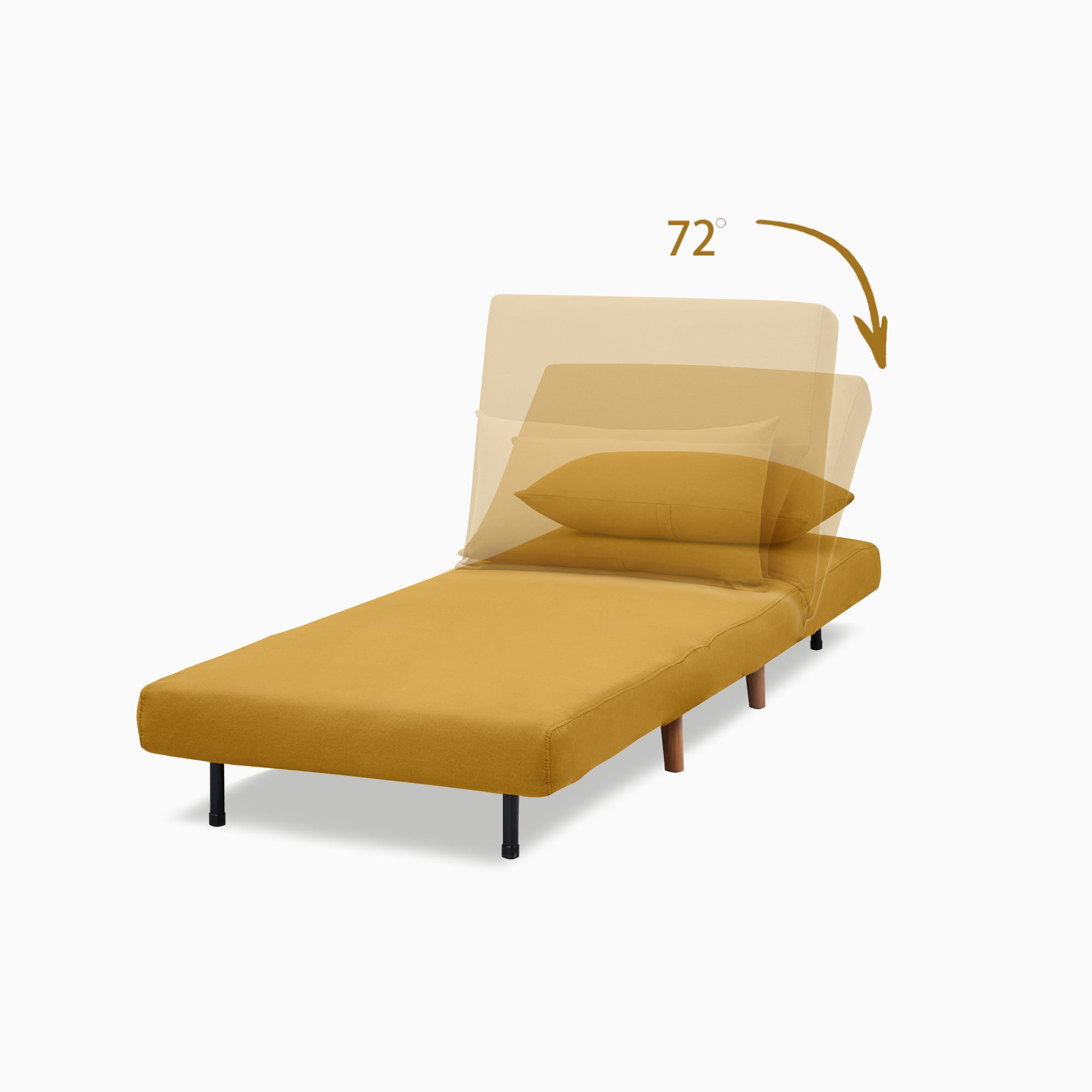 Tustin Convertible Chair in Mustard shown in sleeper mode with a matching lumbar pillow and adjustable backrest reclining through a 72-degree range.