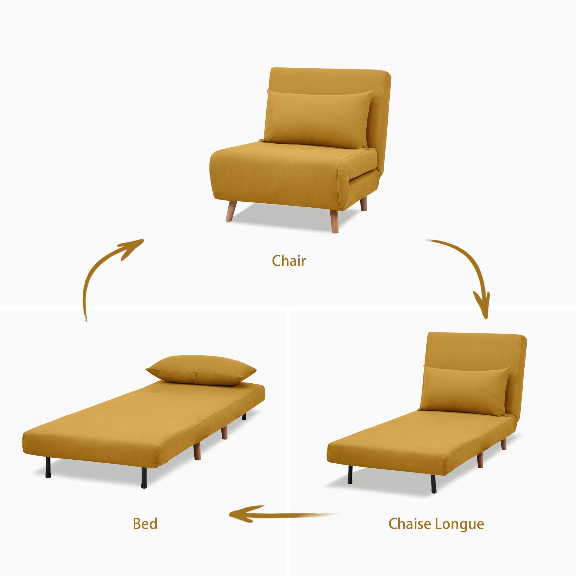 Tustin Convertible Chair in Mustard demonstrating its conversion between chair, chaise lounge, and flat bed positions with a matching lumbar pillow.