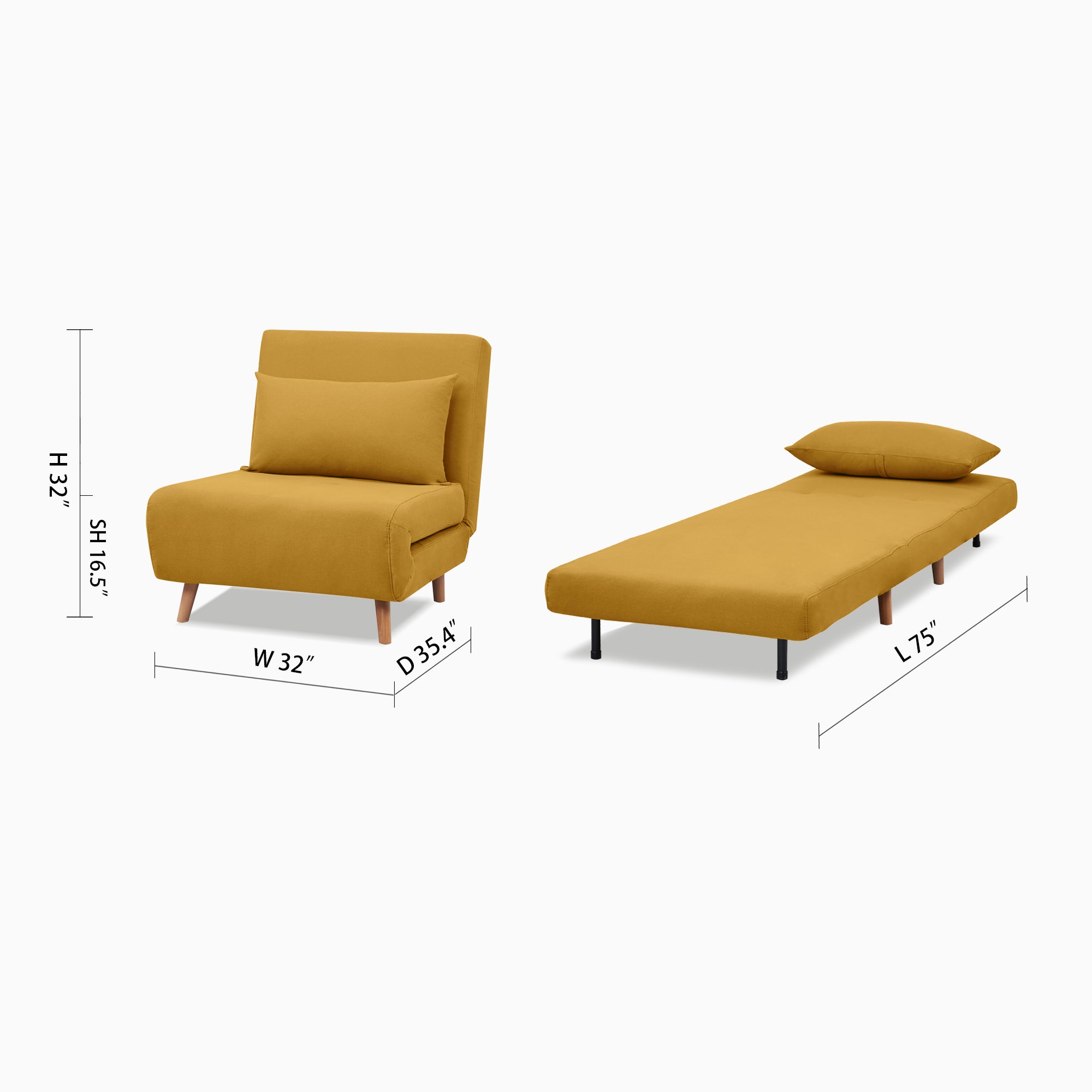 Tustin Convertible Chair in Mustard shown in chair and bed configurations with a 32-inch width, 35.4-inch depth, 32-inch height, 16.5-inch seat height, and 75-inch bed length.