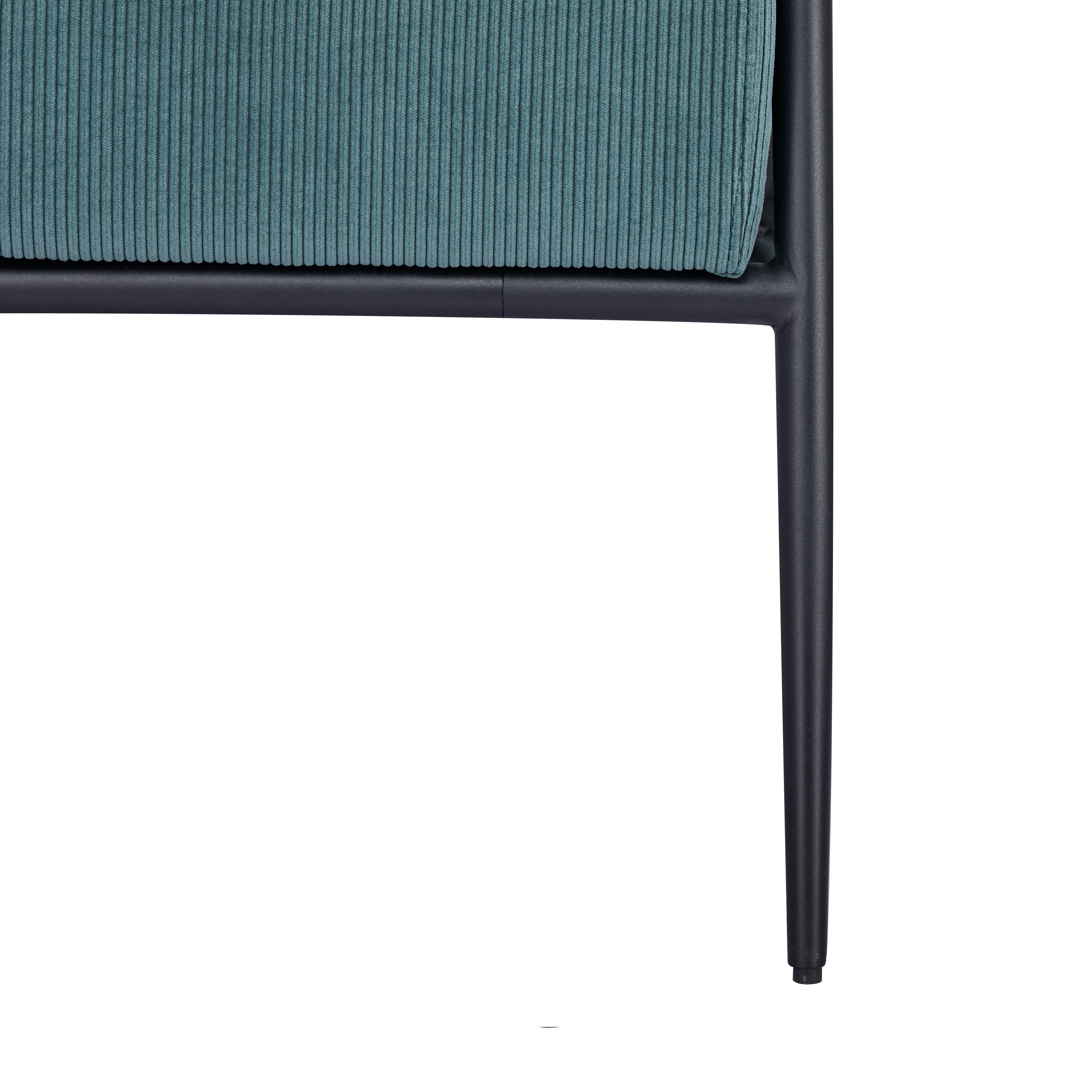 Parker Accent Chair in Corduroy Green featuring a close-up of the ribbed upholstery, black seat support, frame connection, and tapered metal leg