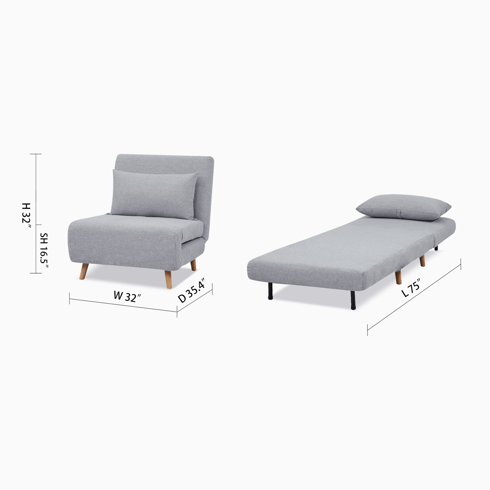 Tustin Convertible Chair in Moonlight shown in chair and bed configurations with a 32-inch width, 35.4-inch depth, 32-inch height, 16.5-inch seat height, and 75-inch bed length.