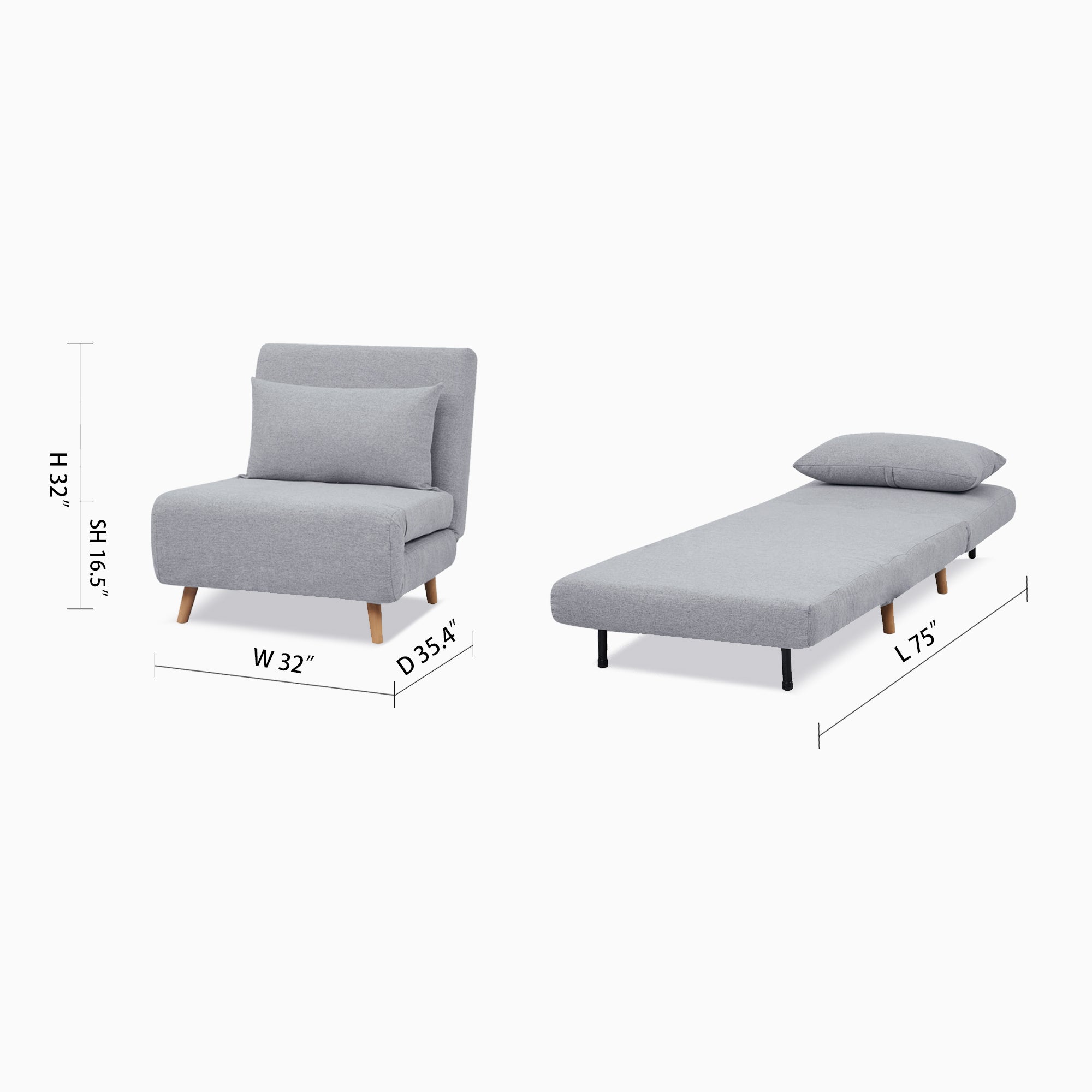 Tustin Convertible Chair in Moonlight shown in chair and bed configurations with a 32-inch width, 35.4-inch depth, 32-inch height, 16.5-inch seat height, and 75-inch bed length.