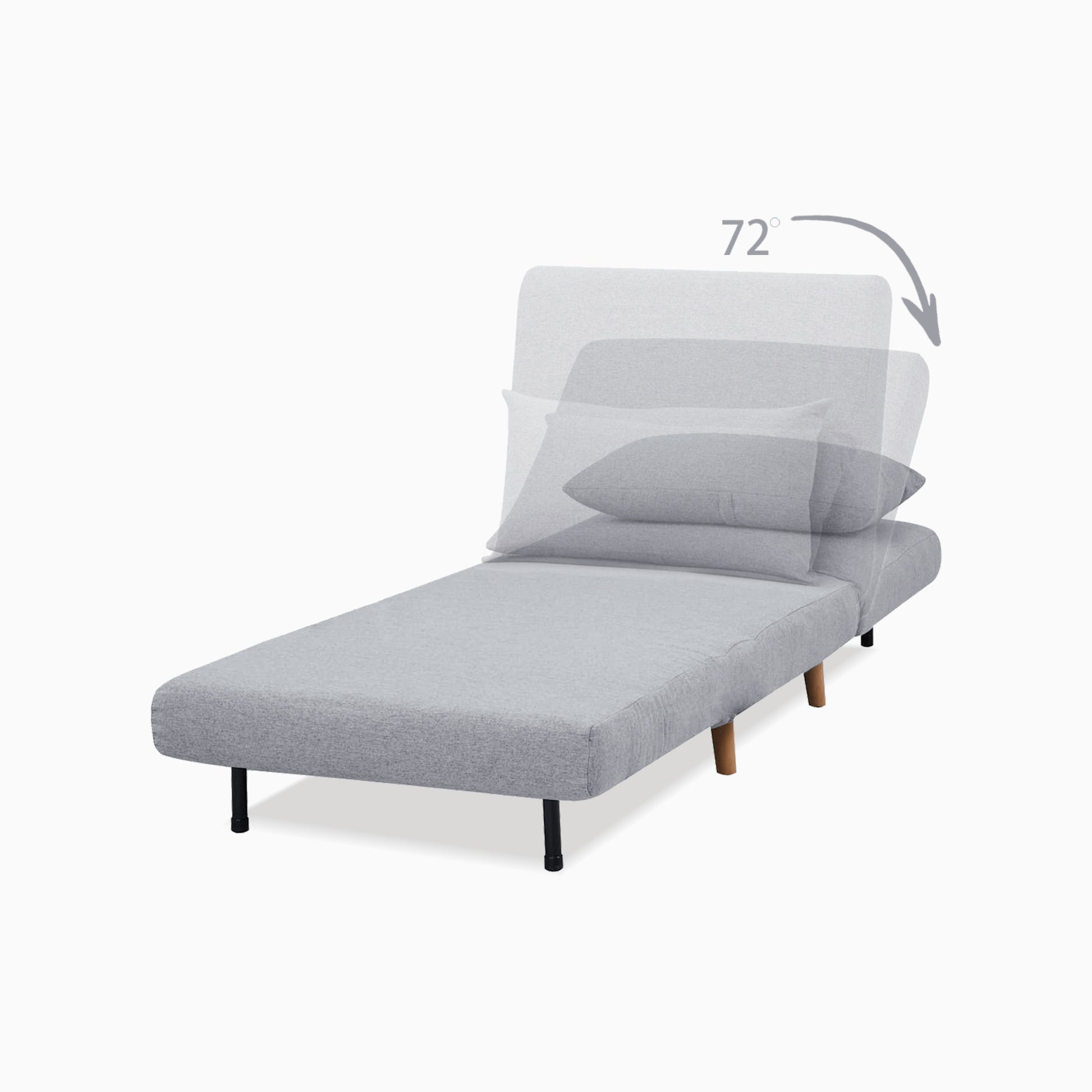 Tustin Convertible Chair in Moonlight shown in sleeper mode with a matching lumbar pillow and adjustable backrest reclining through a 72-degree range.
