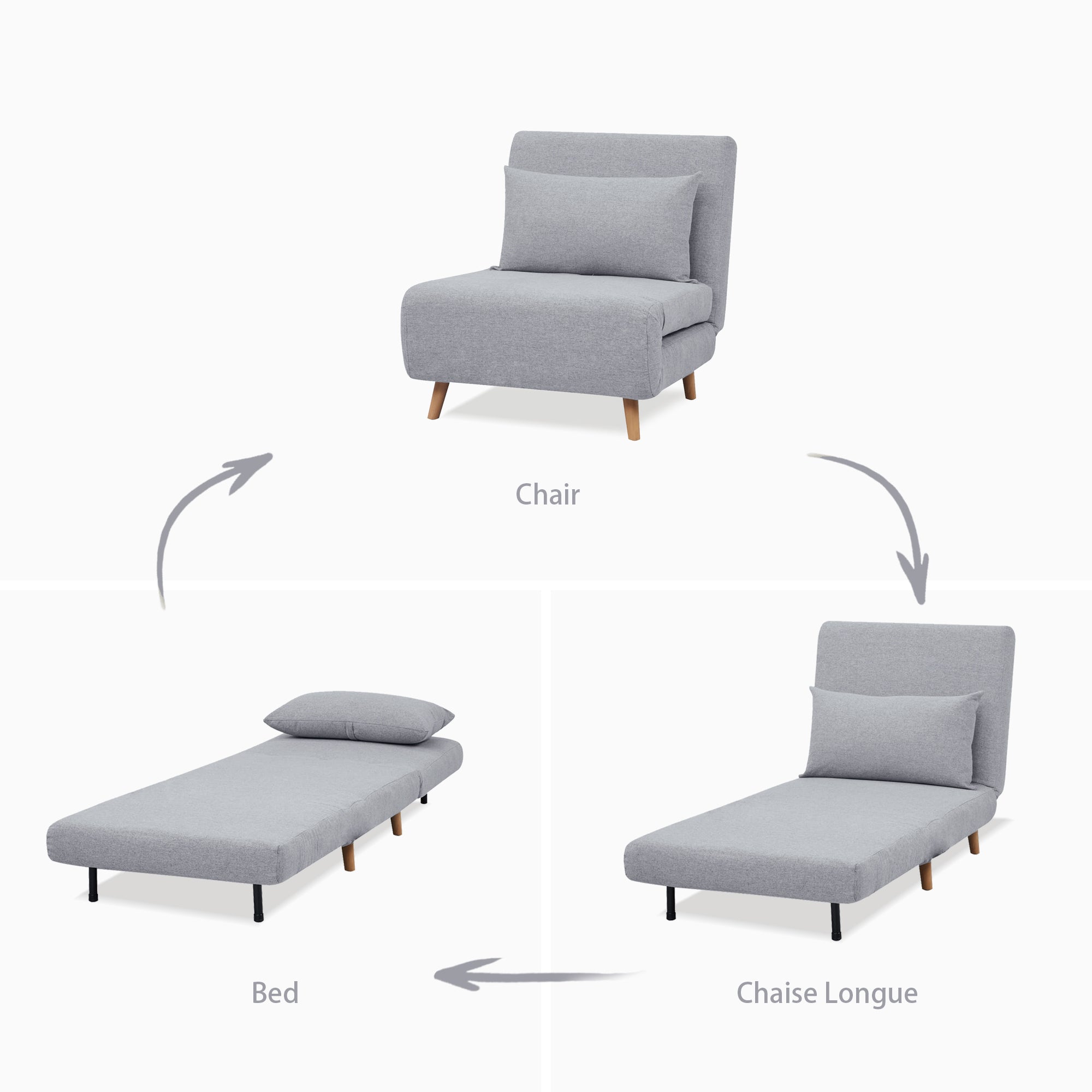 Tustin Convertible Chair in Moonlight demonstrating its conversion between chair, chaise lounge, and flat bed positions with a matching lumbar pillow.