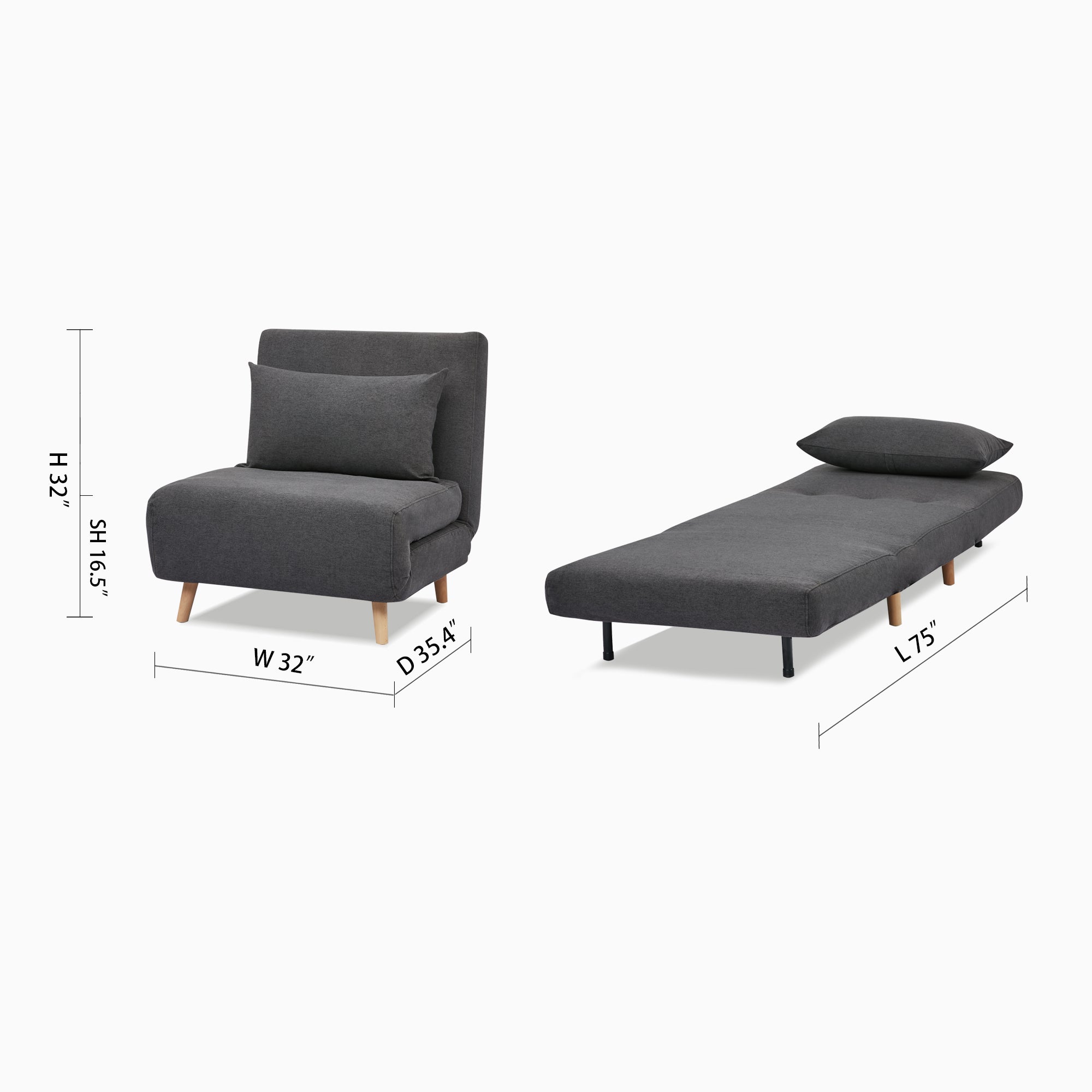 Tustin Convertible Chair in Charcoal shown in chair and bed configurations with a 32-inch width, 35.4-inch depth, 32-inch height, 16.5-inch seat height, and 75-inch bed length