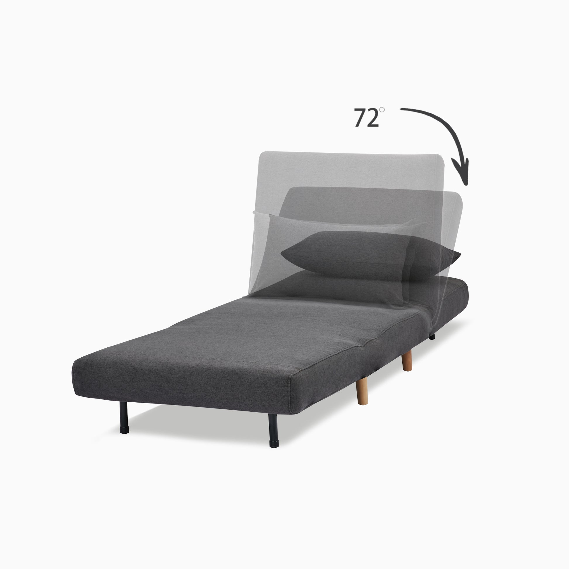 Tustin Convertible Chair in Charcoal shown in sleeper mode with a matching lumbar pillow and adjustable backrest reclining through a 72-degree range.